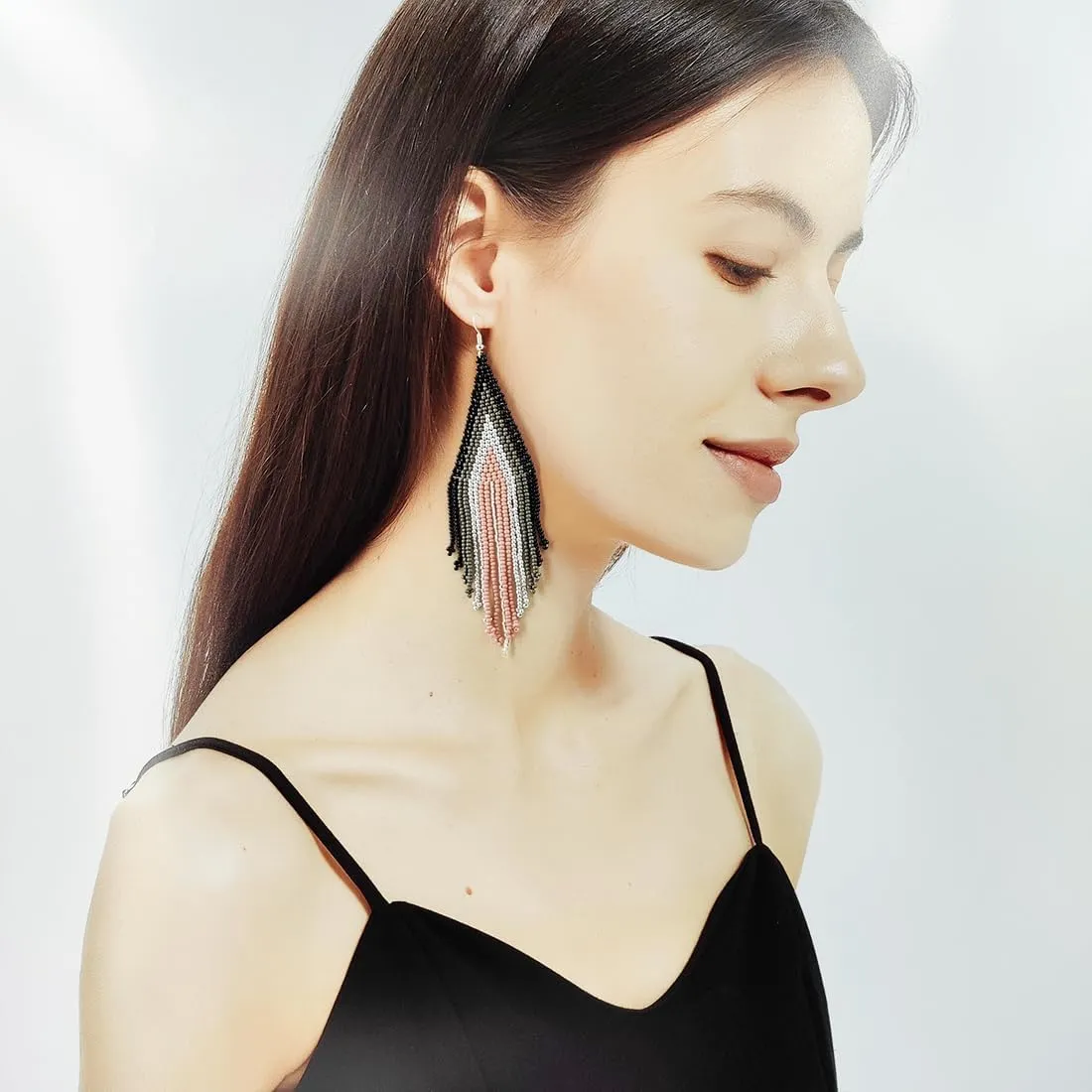 Native Gradient Long Big Large Chandelier Beaded Dangle Earrings for Women
