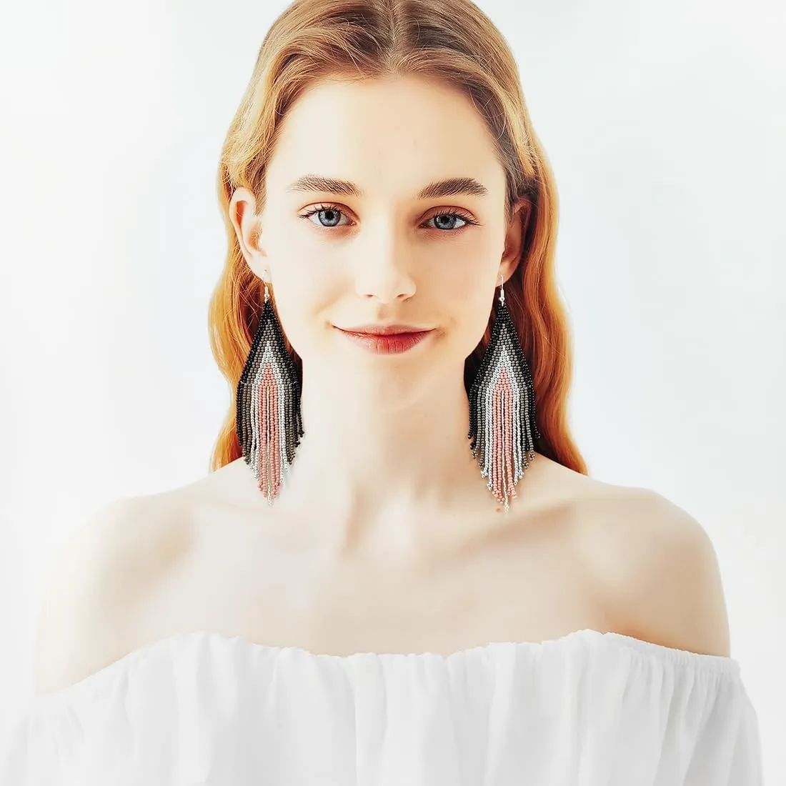 Native Gradient Long Big Large Chandelier Beaded Dangle Earrings for Women