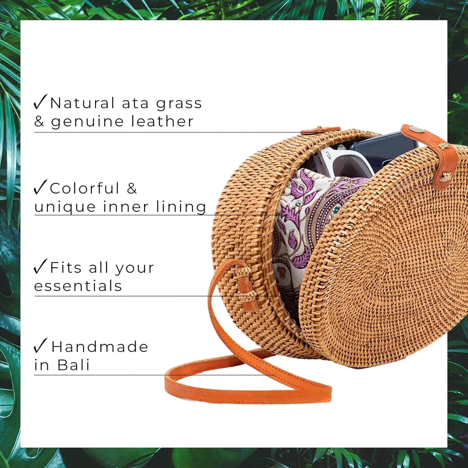 Novum Crafts Round Rattan Bag for Women - Handmade Ata Wicker Woven Purse - Circle, Square, Oval Brown Straw Boho Bags