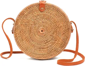 Novum Crafts Round Rattan Bag for Women - Handmade Ata Wicker Woven Purse - Circle, Square, Oval Brown Straw Boho Bags
