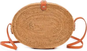 Novum Crafts Round Rattan Bag for Women - Handmade Ata Wicker Woven Purse - Circle, Square, Oval Brown Straw Boho Bags