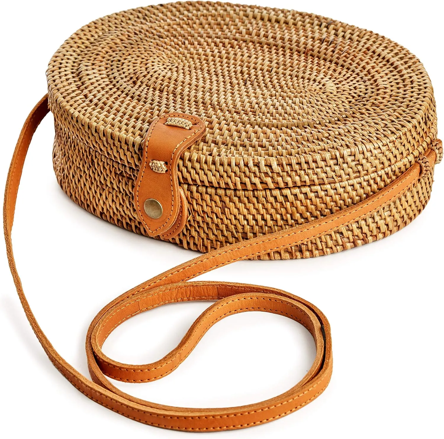 Novum Crafts Round Rattan Bag for Women - Handmade Ata Wicker Woven Purse - Circle, Square, Oval Brown Straw Boho Bags
