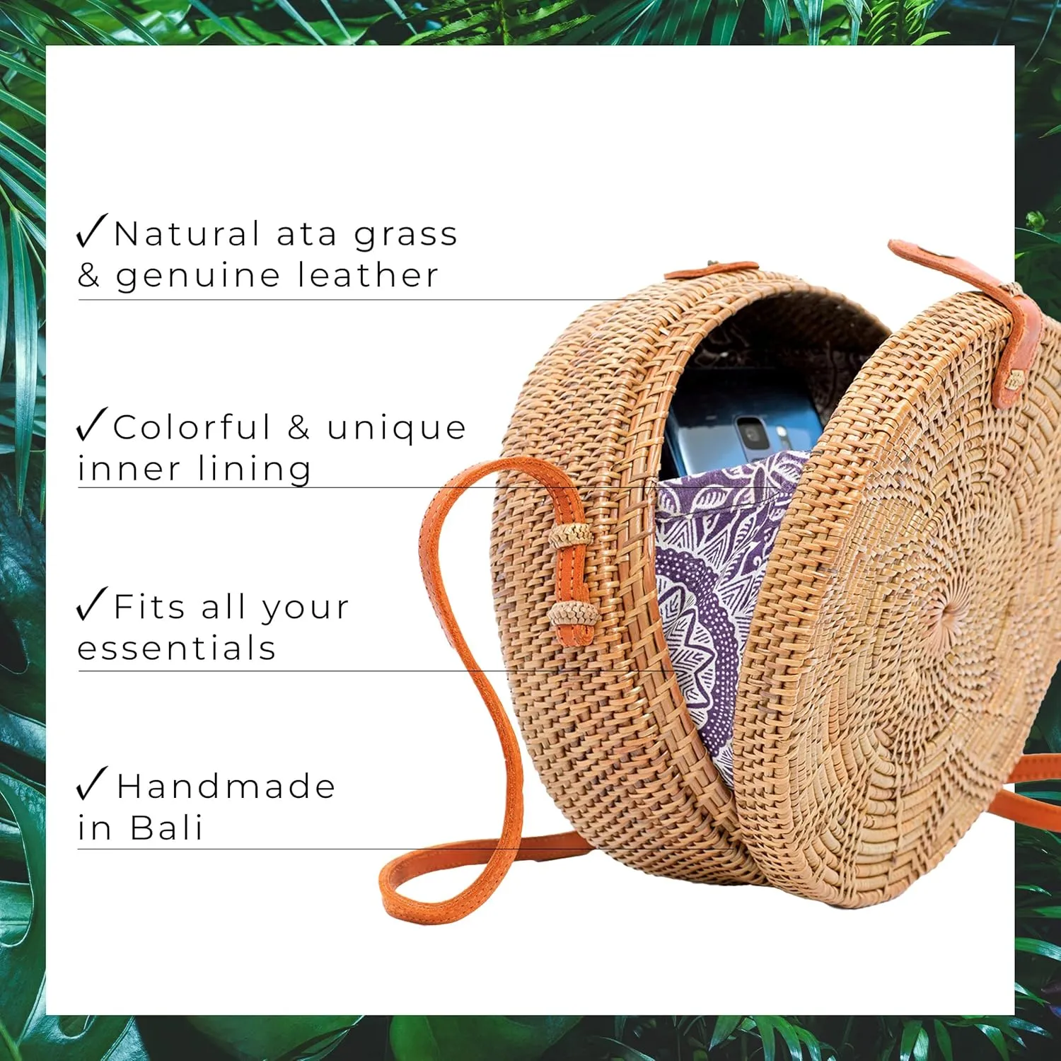 Novum Crafts Round Rattan Bag for Women - Handmade Ata Wicker Woven Purse - Circle, Square, Oval Brown Straw Boho Bags