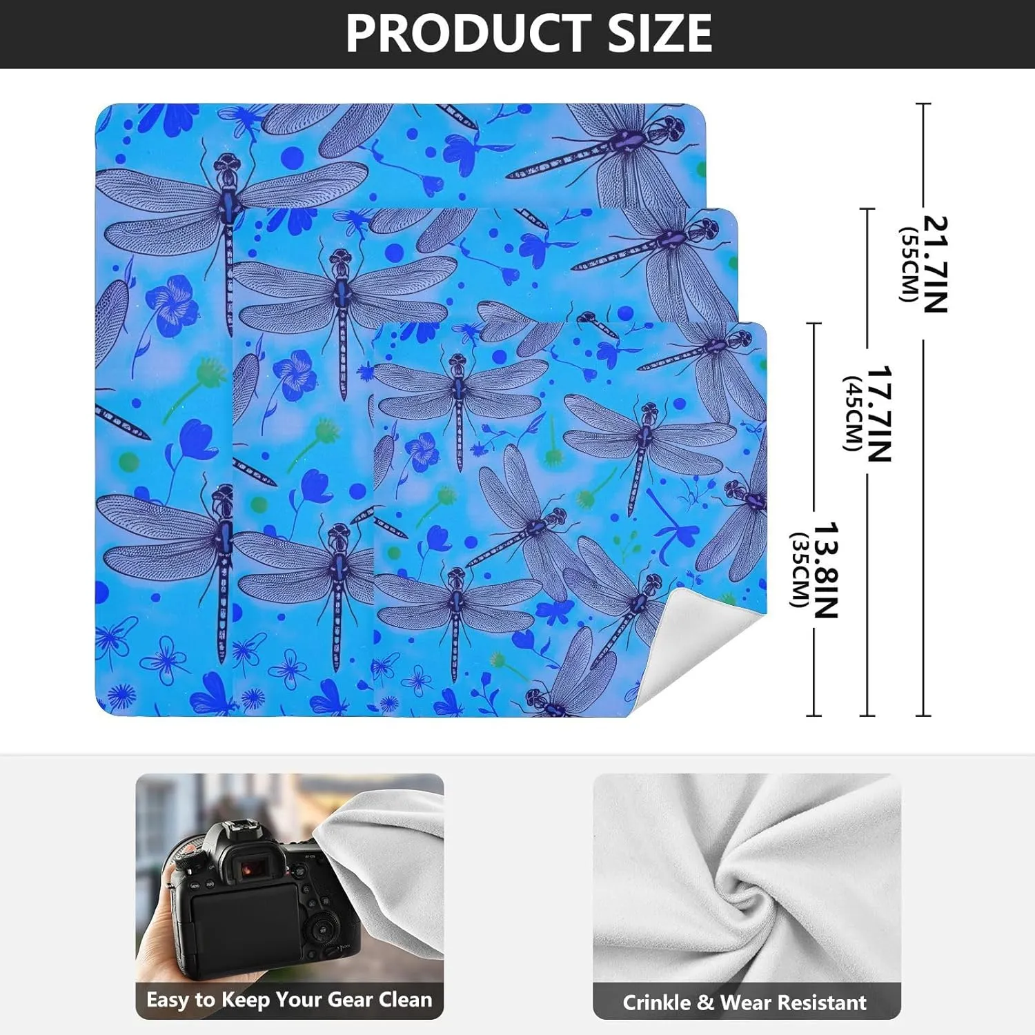 ODAWA Dragonflies Blue Daisies 13.8"x13.8" Self-adhesive Cloth Foldable Protective Wrap, Easy-Storage Magic Cloths for Camera Tablet Laptop