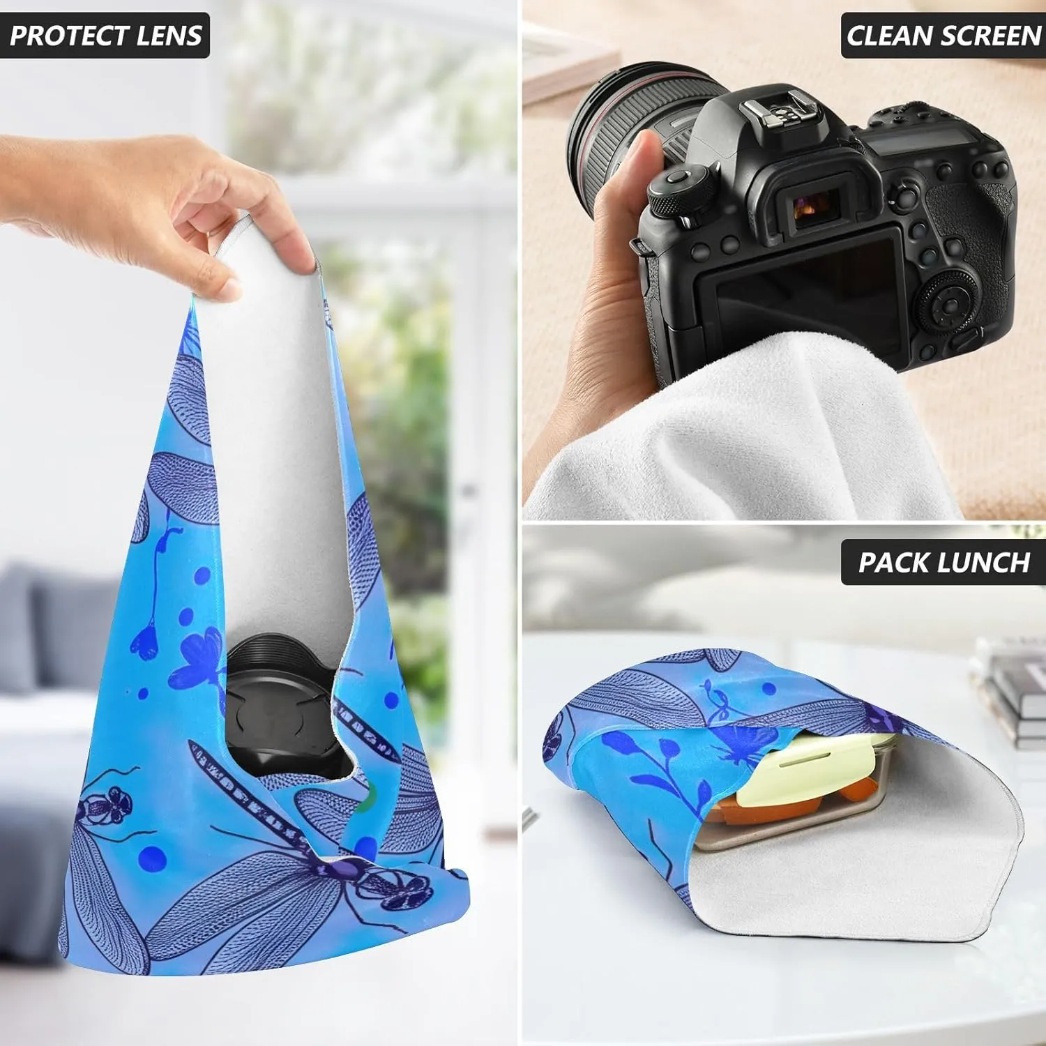 ODAWA Dragonflies Blue Daisies 13.8"x13.8" Self-adhesive Cloth Foldable Protective Wrap, Easy-Storage Magic Cloths for Camera Tablet Laptop