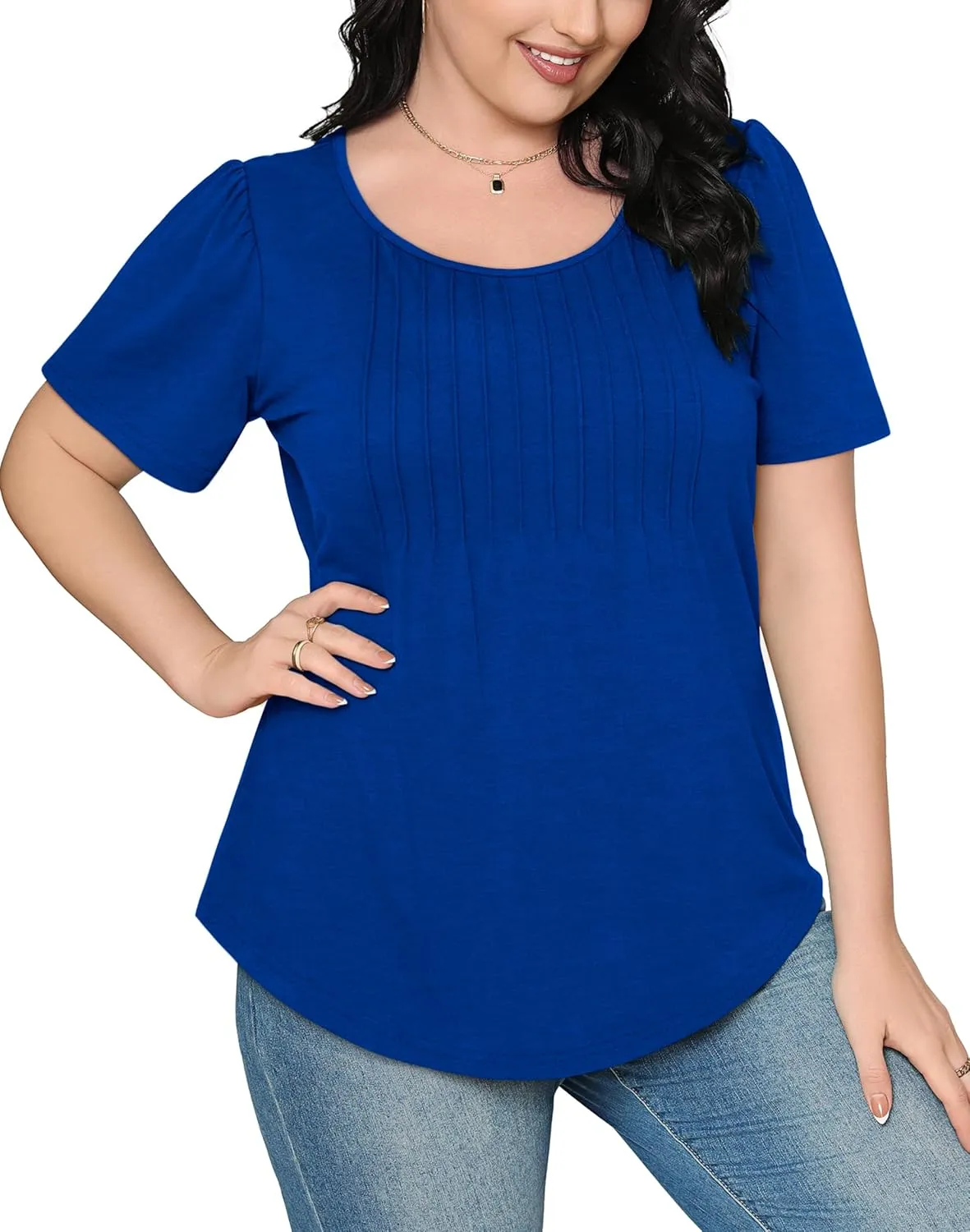 OFEEFAN Womens T Shirts Short Sleeve Pleated Dressy Casual Scooped Neck Summer Tops Blouses