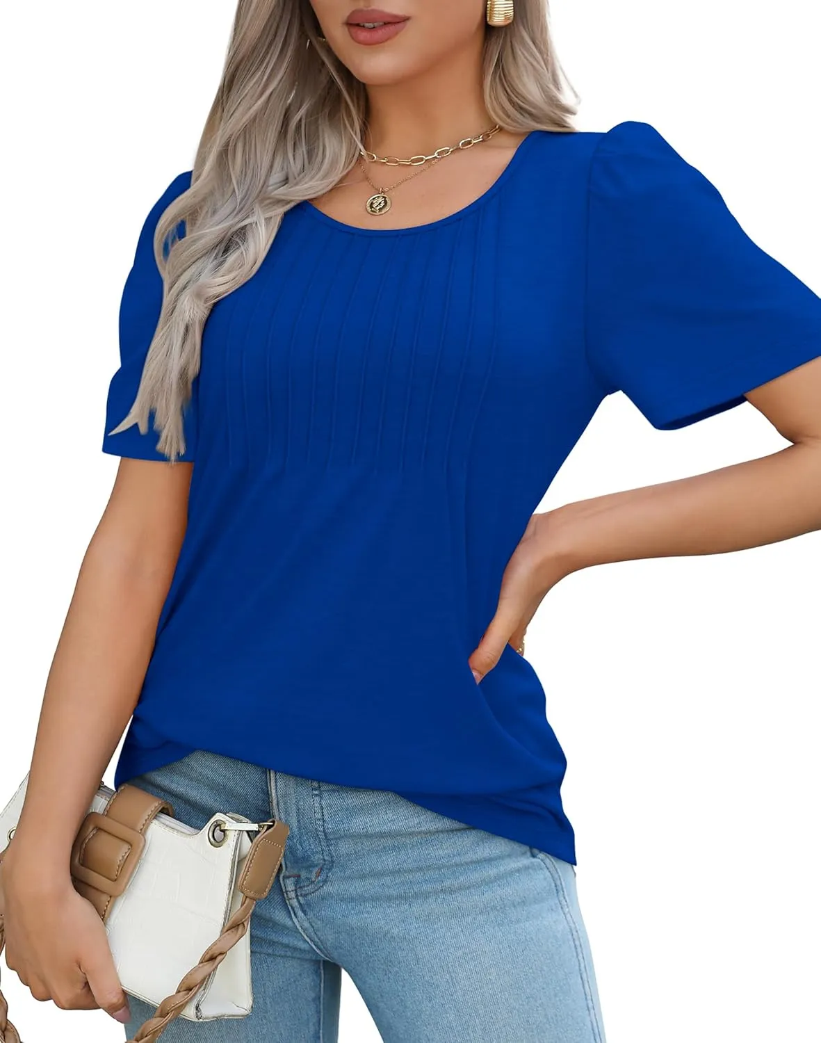 OFEEFAN Womens T Shirts Short Sleeve Pleated Dressy Casual Scooped Neck Summer Tops Blouses