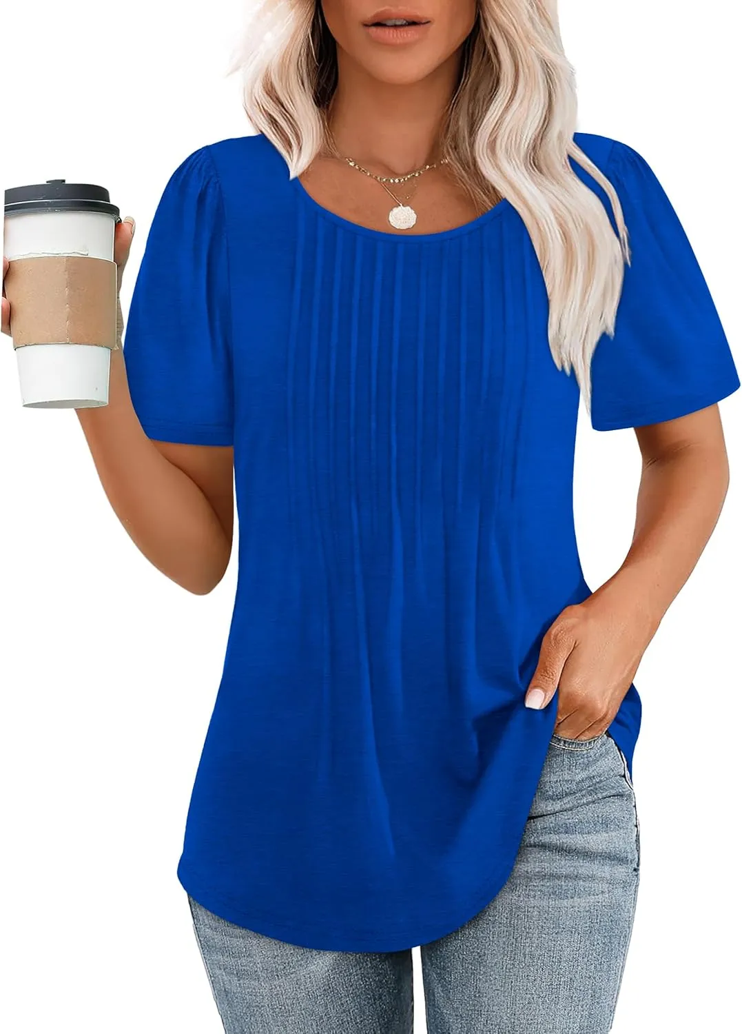 OFEEFAN Womens T Shirts Short Sleeve Pleated Dressy Casual Scooped Neck Summer Tops Blouses