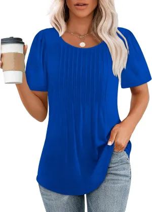 OFEEFAN Womens T Shirts Short Sleeve Pleated Dressy Casual Scooped Neck Summer Tops Blouses