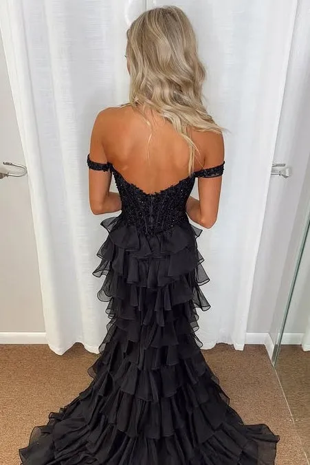 Off-Shoulder Empire Two Tone Tiered Train Prom Dress