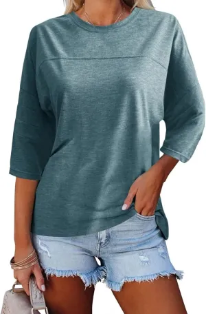 Orchidays Womens Crew Neck 3/4 Sleeve Basic T-Shirts Solid Loose Cute Tunic Top Blouses