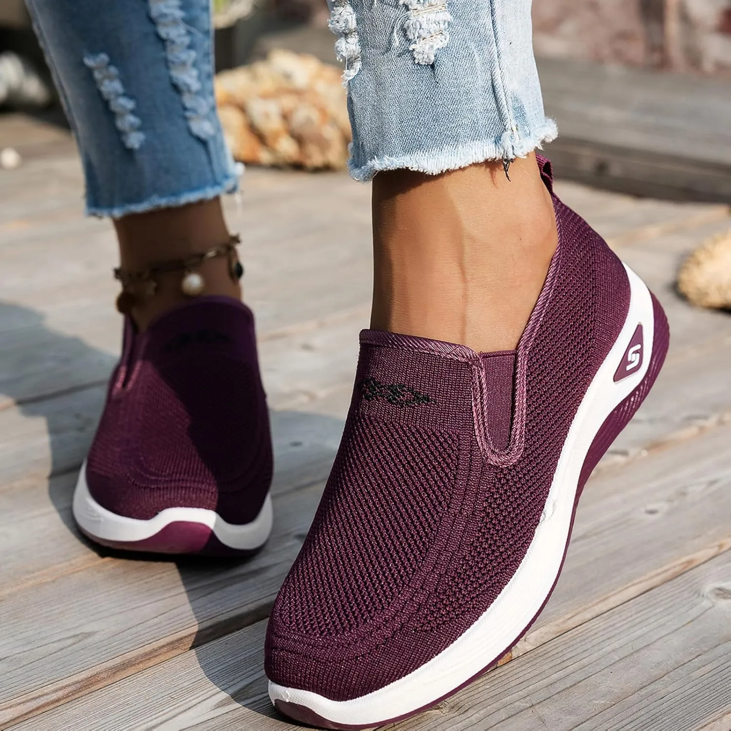 Orthopedic Sneakers for Women Breathable Soft Shoes Go Walk Slip on Shoes Mesh Knitted Woven Low Top Walking Shoe Platform Orthopedic Sneakers