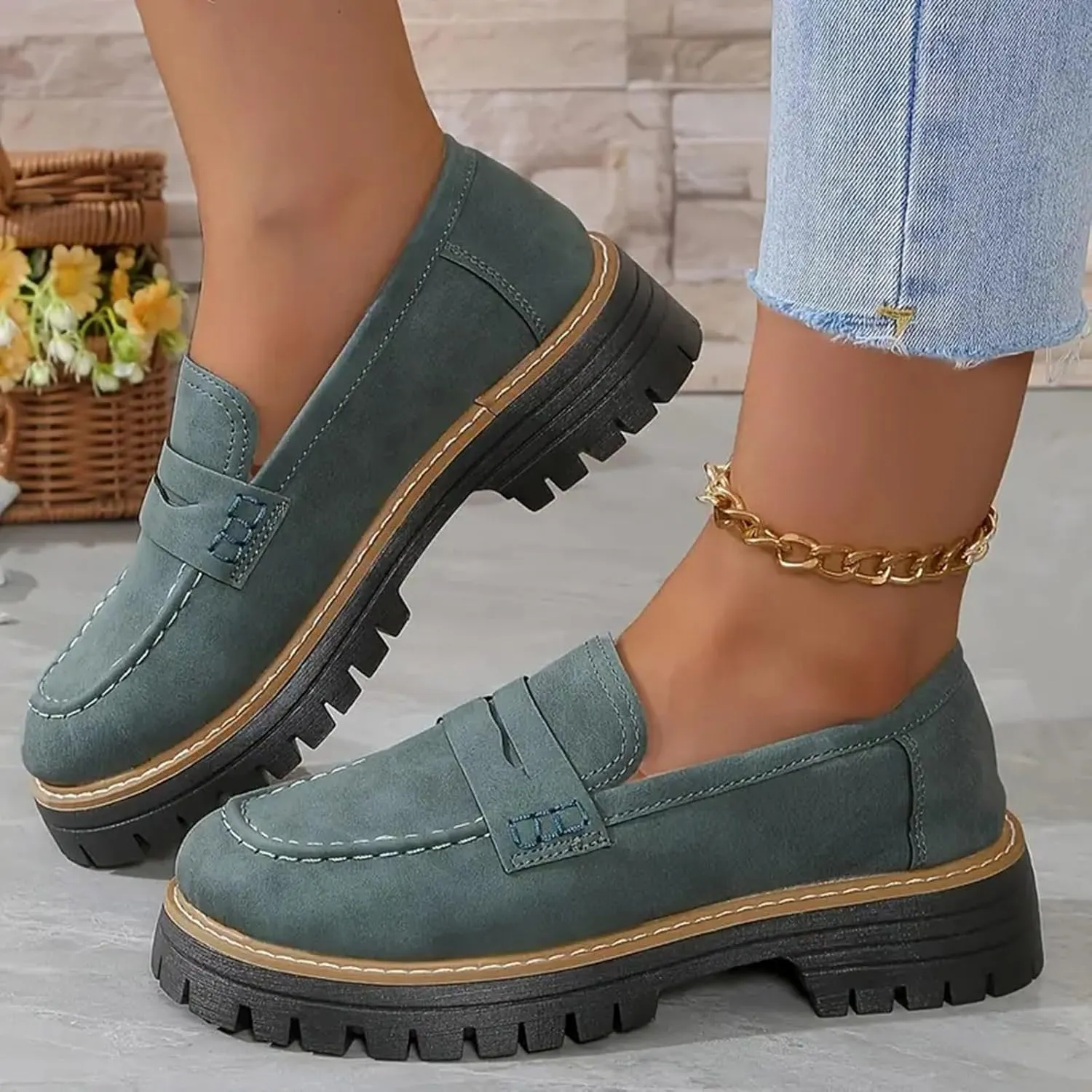 Orthoture-Orthopedic Platform Loafers Platform Loafers for Women Chunky Heel Slip-on Round Toe Comfort Chunky Loafer Shoes