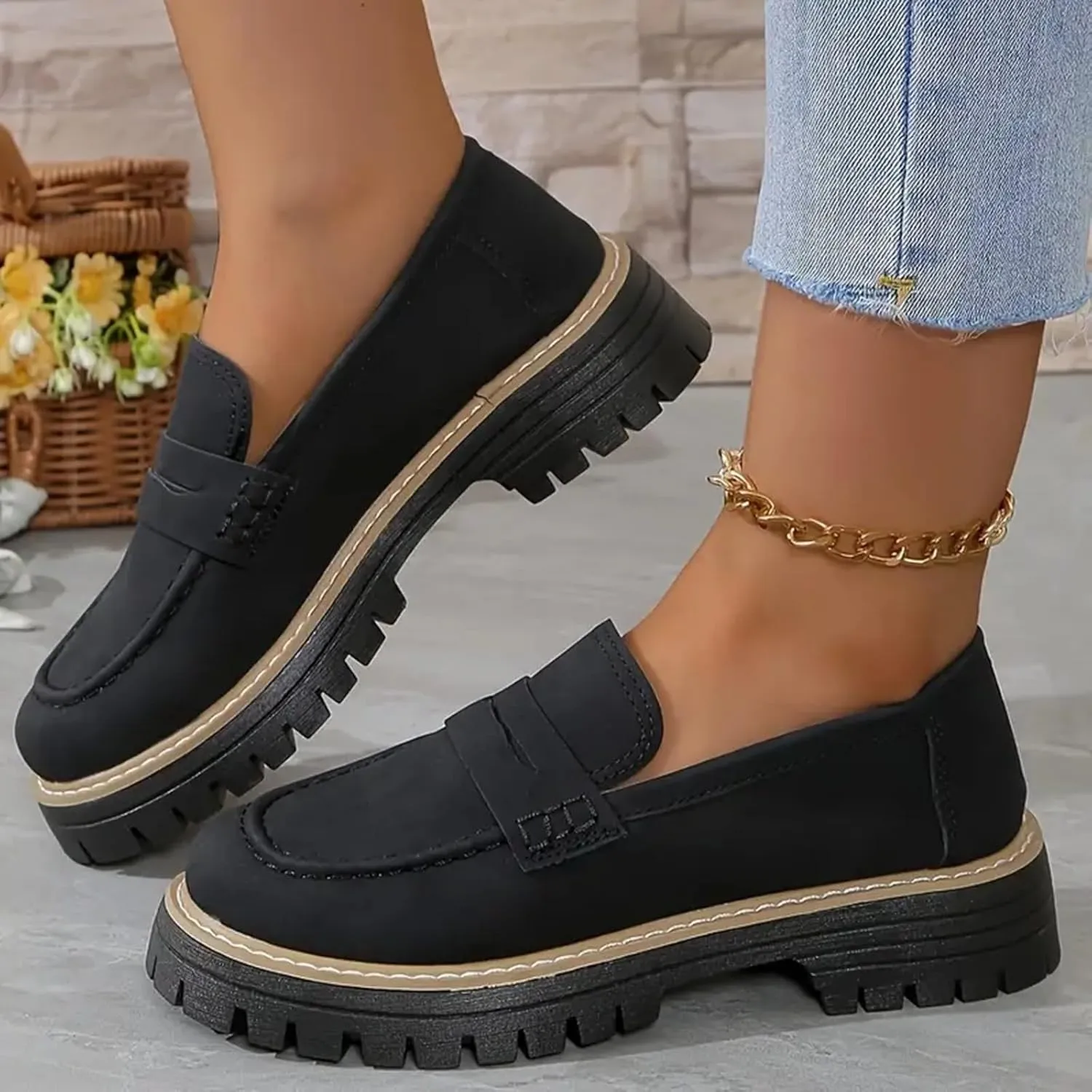 Orthoture-Orthopedic Platform Loafers Platform Loafers for Women Chunky Heel Slip-on Round Toe Comfort Chunky Loafer Shoes