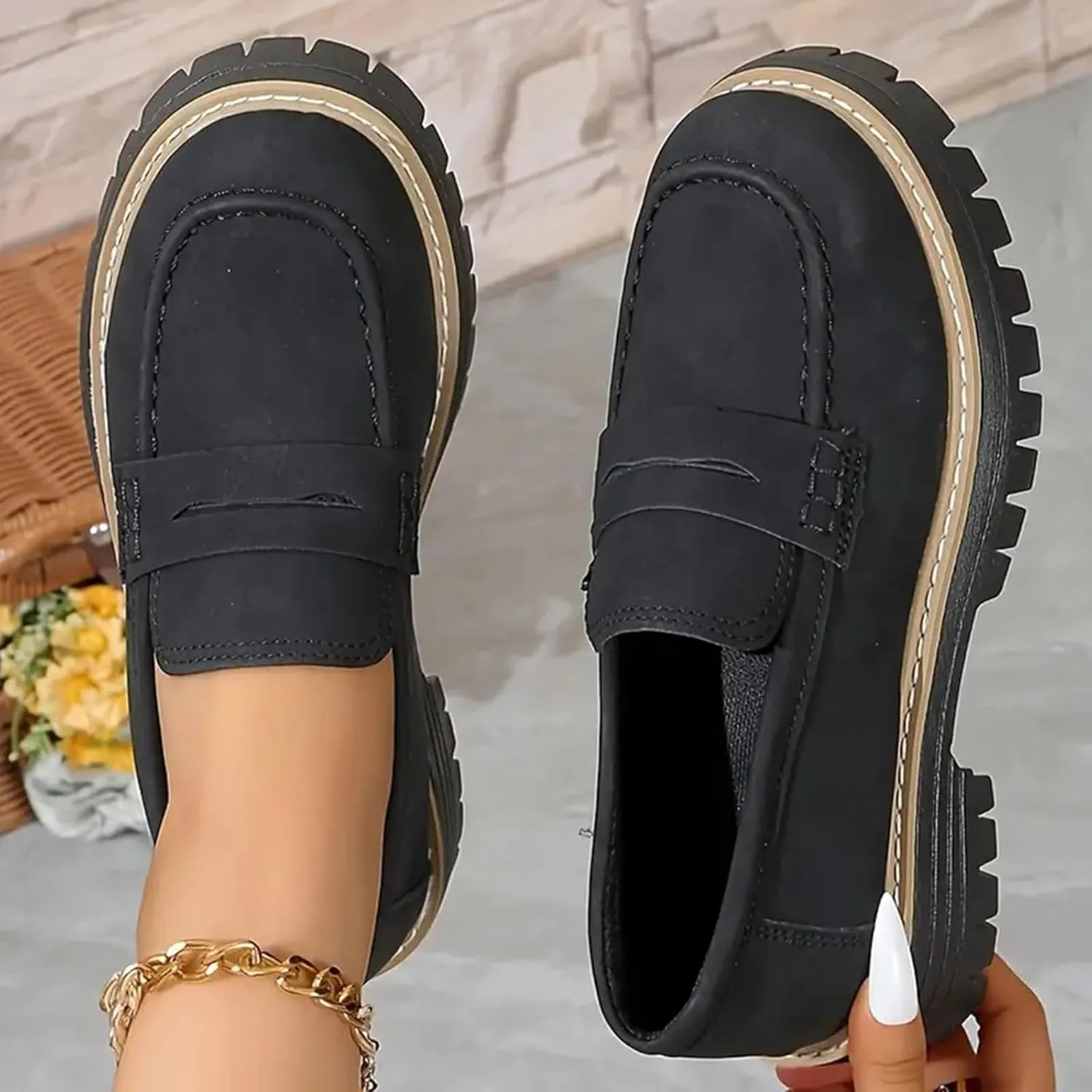 Orthoture-Orthopedic Platform Loafers Platform Loafers for Women Chunky Heel Slip-on Round Toe Comfort Chunky Loafer Shoes