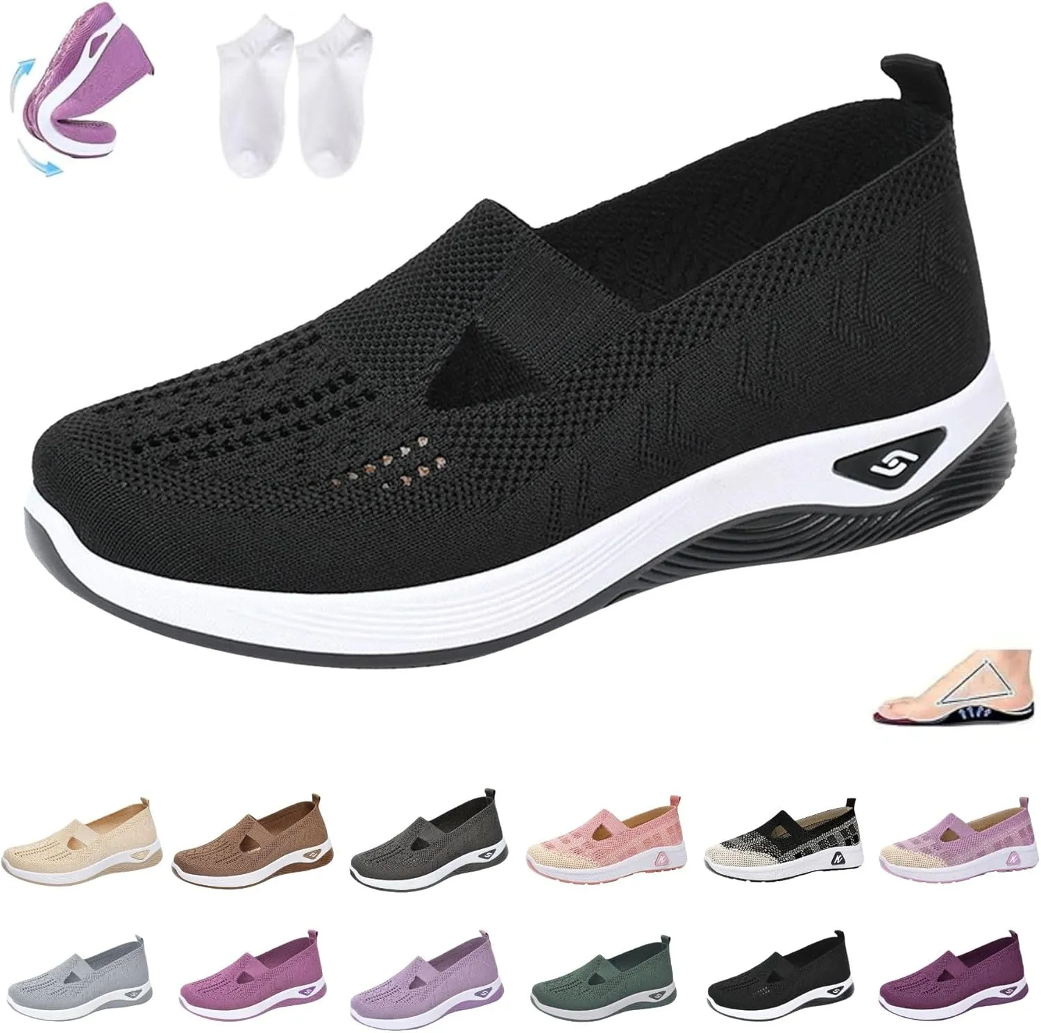 Orthowalkway Womens Shoes, Women's Comfortable Breathable Knitted Sneakers, Orthopedic Slip-On Lightweight Shoes