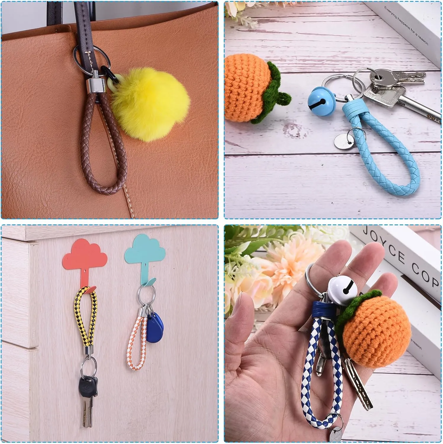 PATIKIL Braided Leather Keychain with Stainless Steel Key Ring Sleeves, PU Woven Wristlet Lanyard Strap Fob Keyring Holder