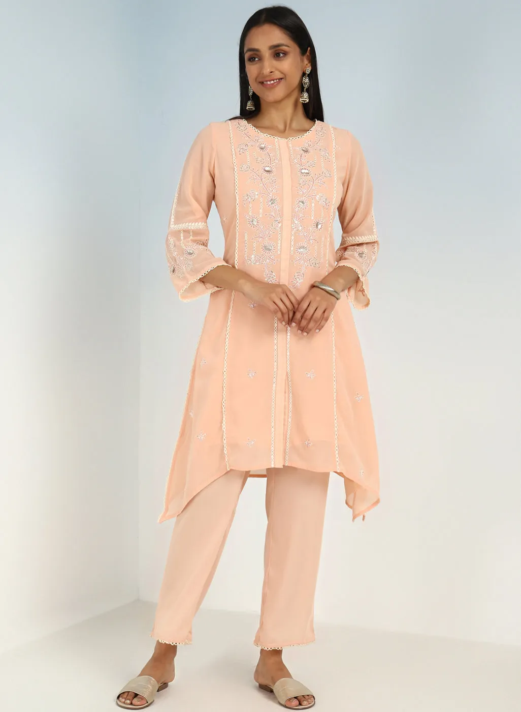Peach Sequined Kurta Set with Flared Asymmetric Hem