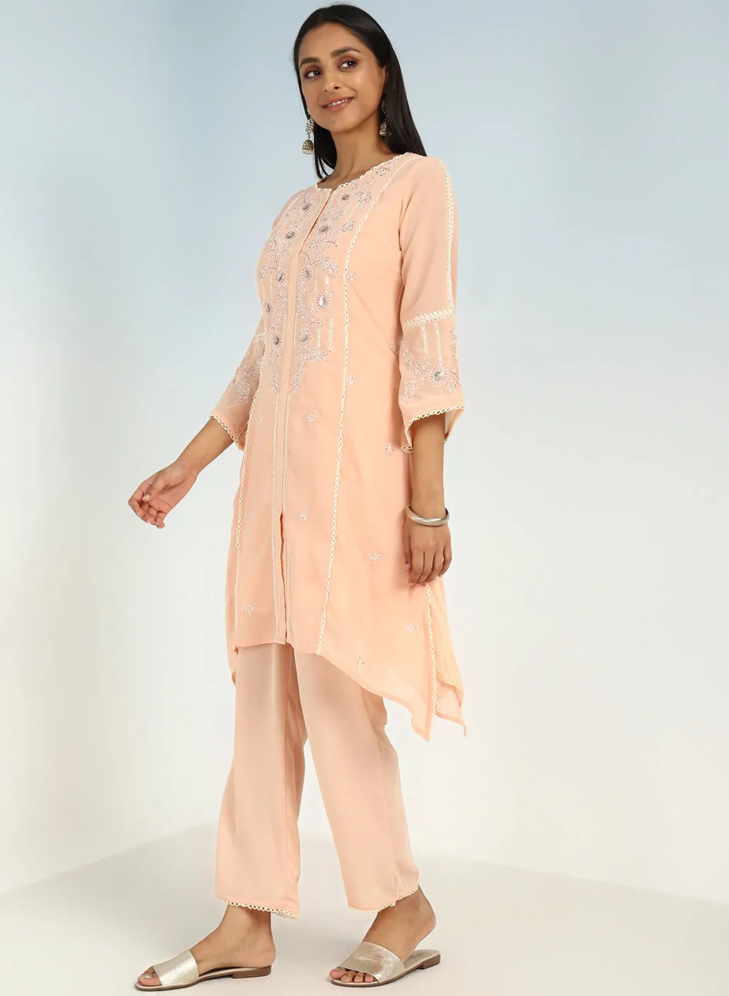 Peach Sequined Kurta Set with Flared Asymmetric Hem