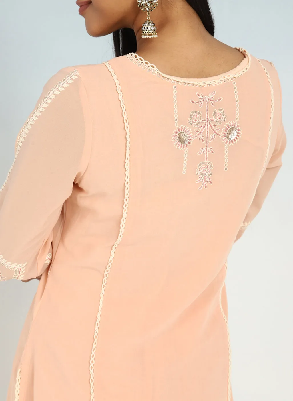 Peach Sequined Kurta Set with Flared Asymmetric Hem