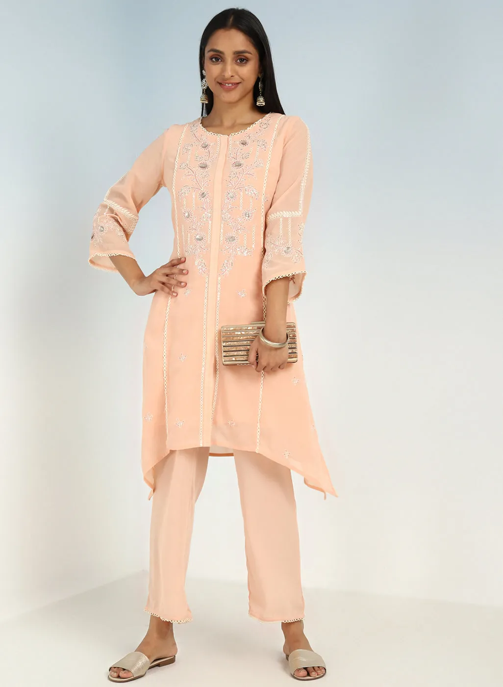 Peach Sequined Kurta Set with Flared Asymmetric Hem