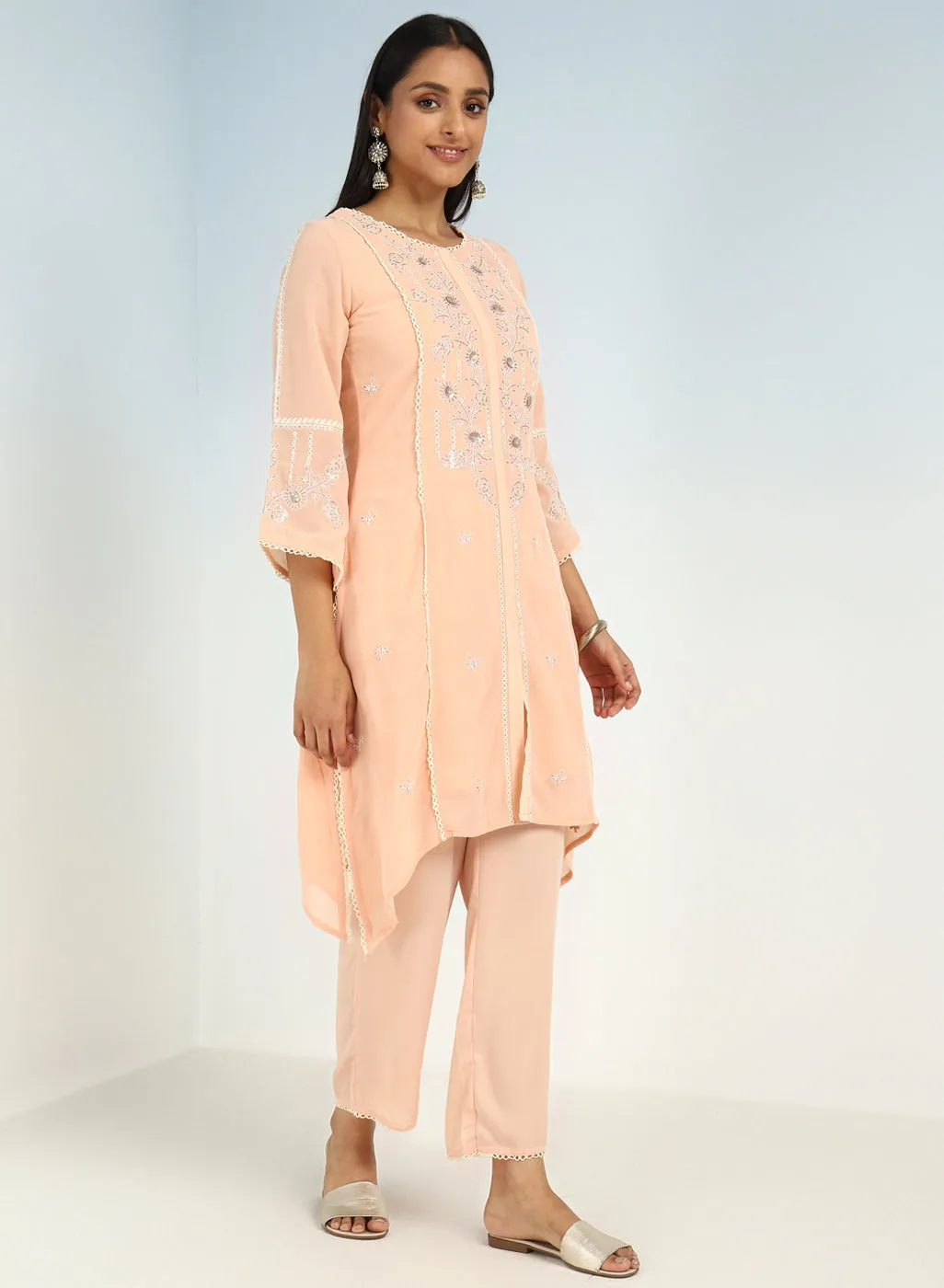 Peach Sequined Kurta Set with Flared Asymmetric Hem