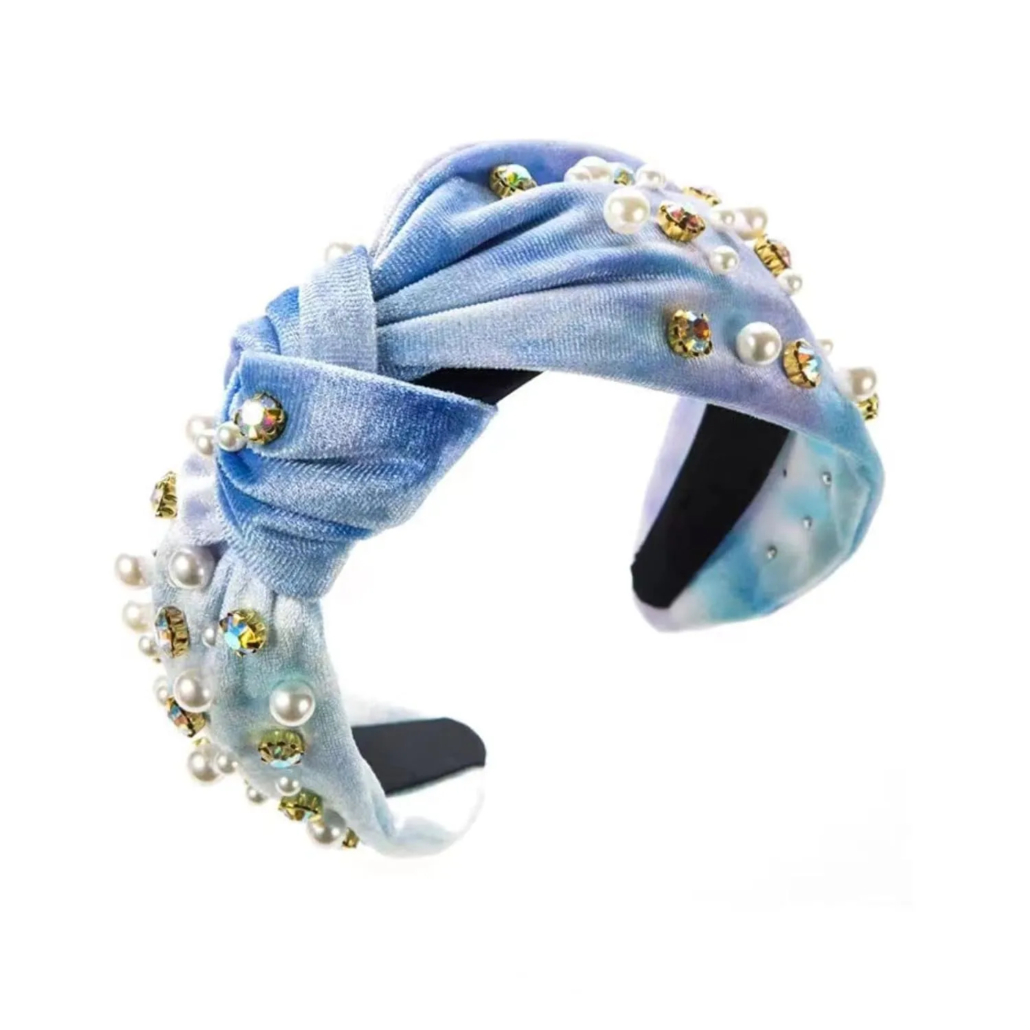 Pearl Crystal Knotted Women's Headband Luxury J Gradient Gemstone Trim Top Hairband Stylish Elegant Ladies Headband (Blue color)