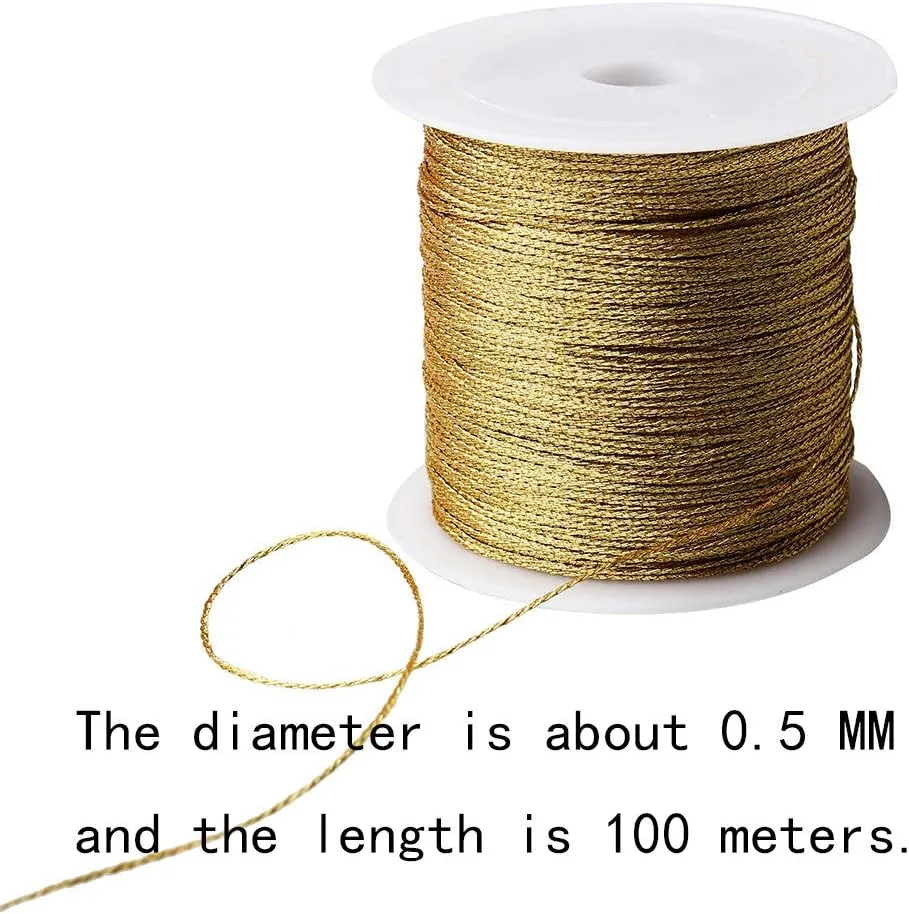 Pengxiaomei 218 Yards/656 Feet Metallic Cord Gold Twine, 2 Spool Gold Thread String for Bracelet Making Jewelry Making Thread Gold Craft String Tinsel String Craft Making Cord(0.5mm)