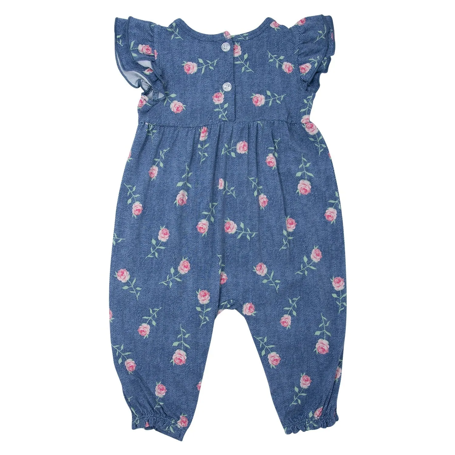Pink Roses on Denim Flutter Sleeve Romper