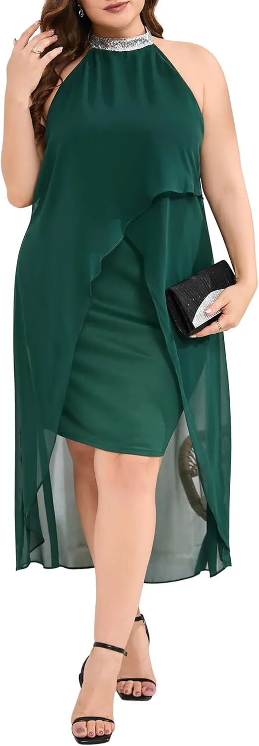 Plus Size Halter Neck Sleeveless Cocktail Dress Sequin Tulle Wedding Guest Party Midi Dresses