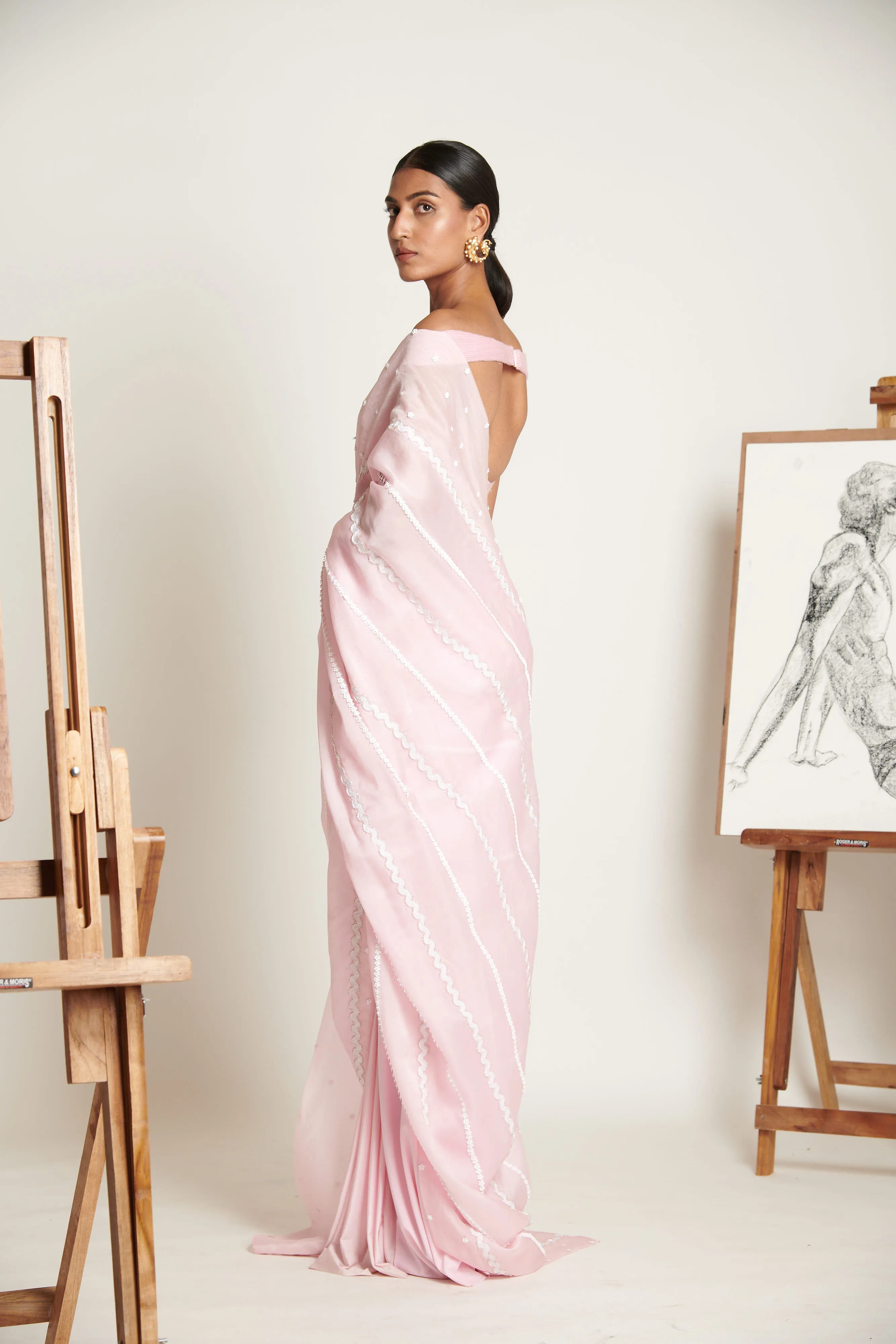 Primrose Floral Chevron Sari with Drop Shoulder Ruched Blouse