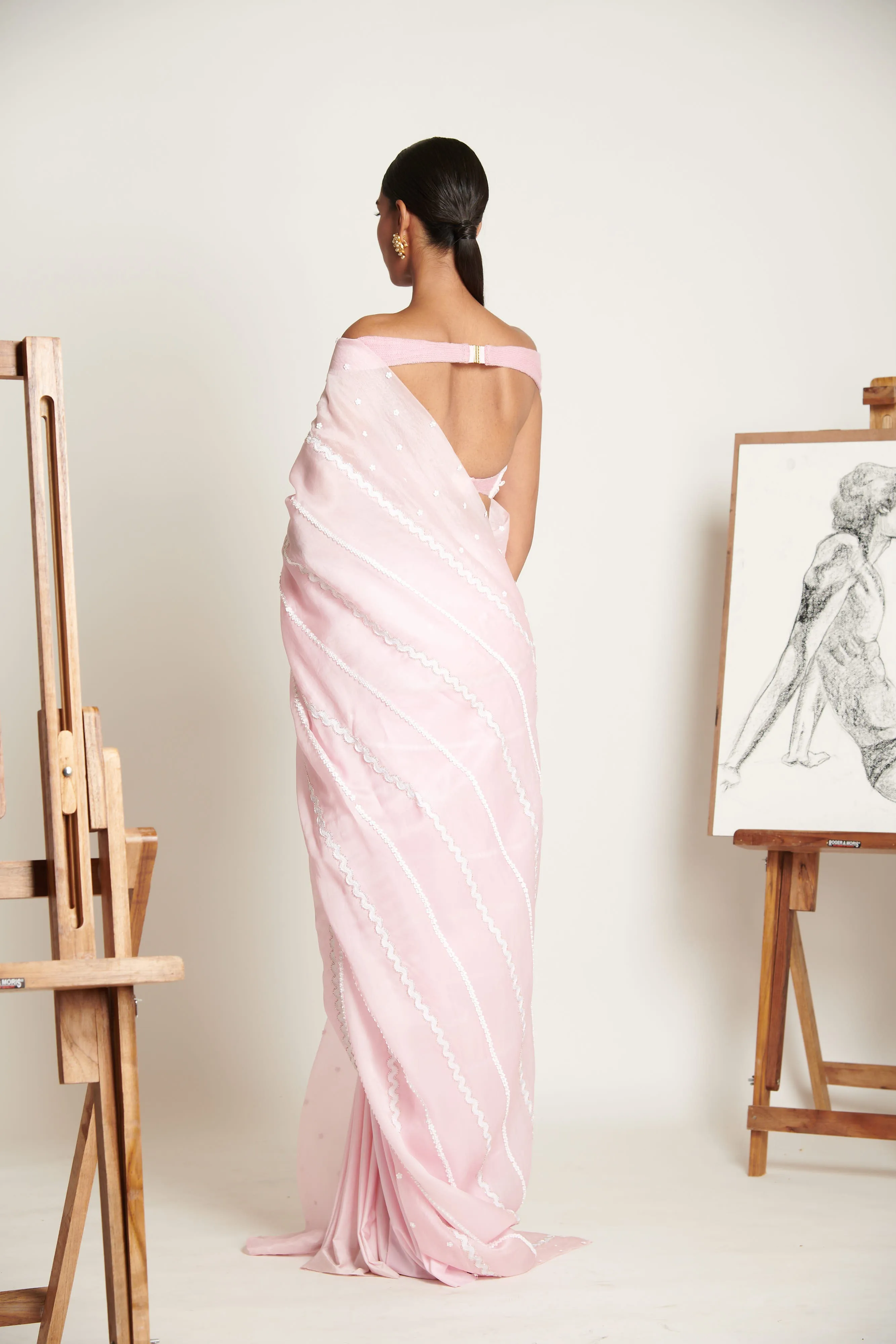 Primrose Floral Chevron Sari with Drop Shoulder Ruched Blouse