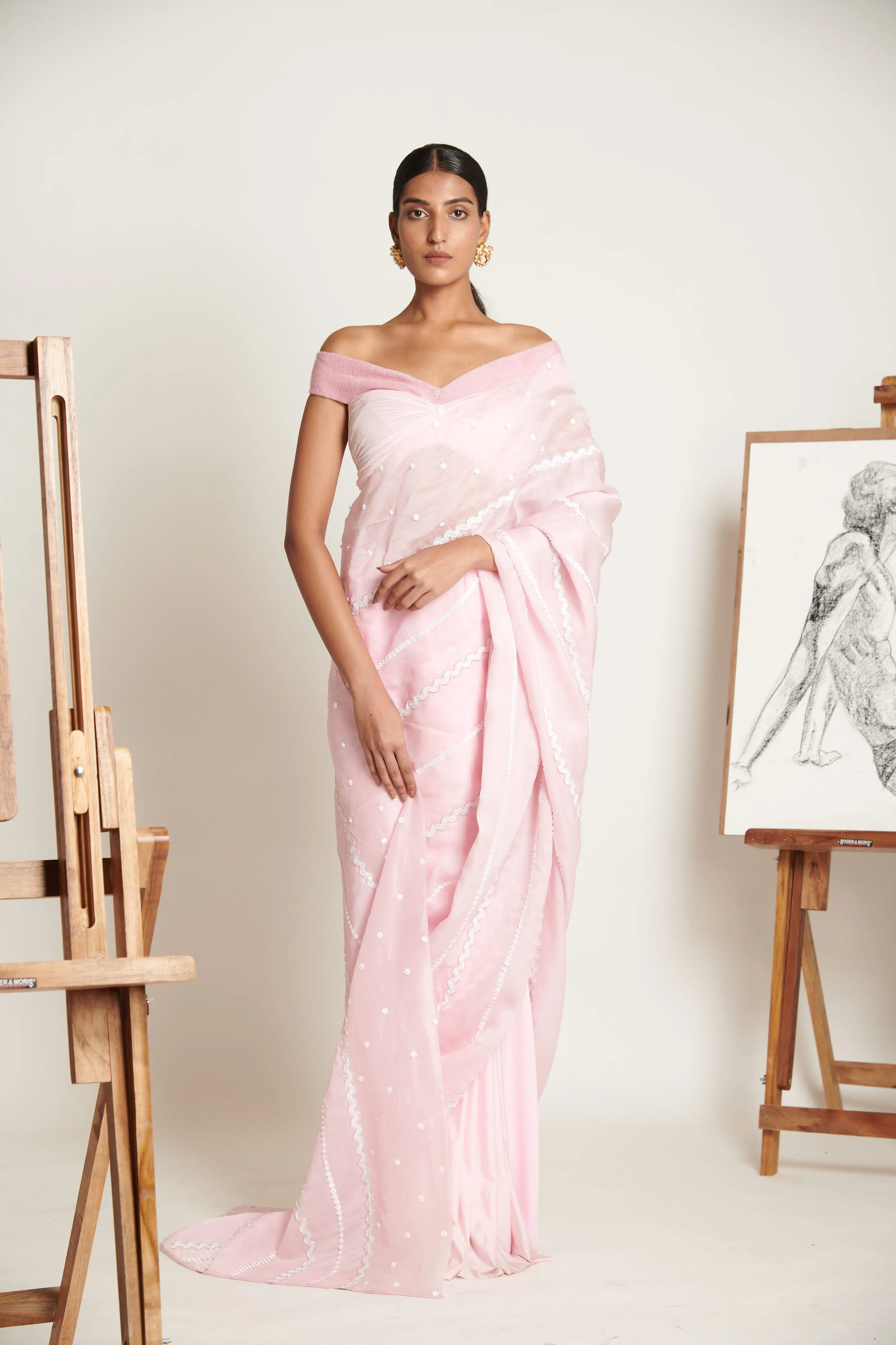 Primrose Floral Chevron Sari with Drop Shoulder Ruched Blouse