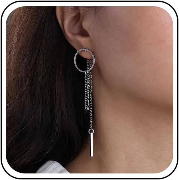 Punk Circle Tassel Chain Dangle Earrings Gold Hollow Circle Hoop Earring Long Horizontal Bar Drop Earring Minimalist Metal Bar Tassel Chain Earrings Jewelry for Women