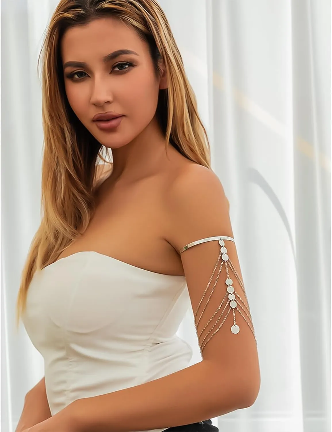 Punk Multi-layered Tassel Chain Upper Arm Cuff Bohemian Star Shell Disc Flower Pendant Armlet Bangle Bracelet Adjustable Open Cuff Armband Beach Wedding Prom Party Arm Accessories for Women