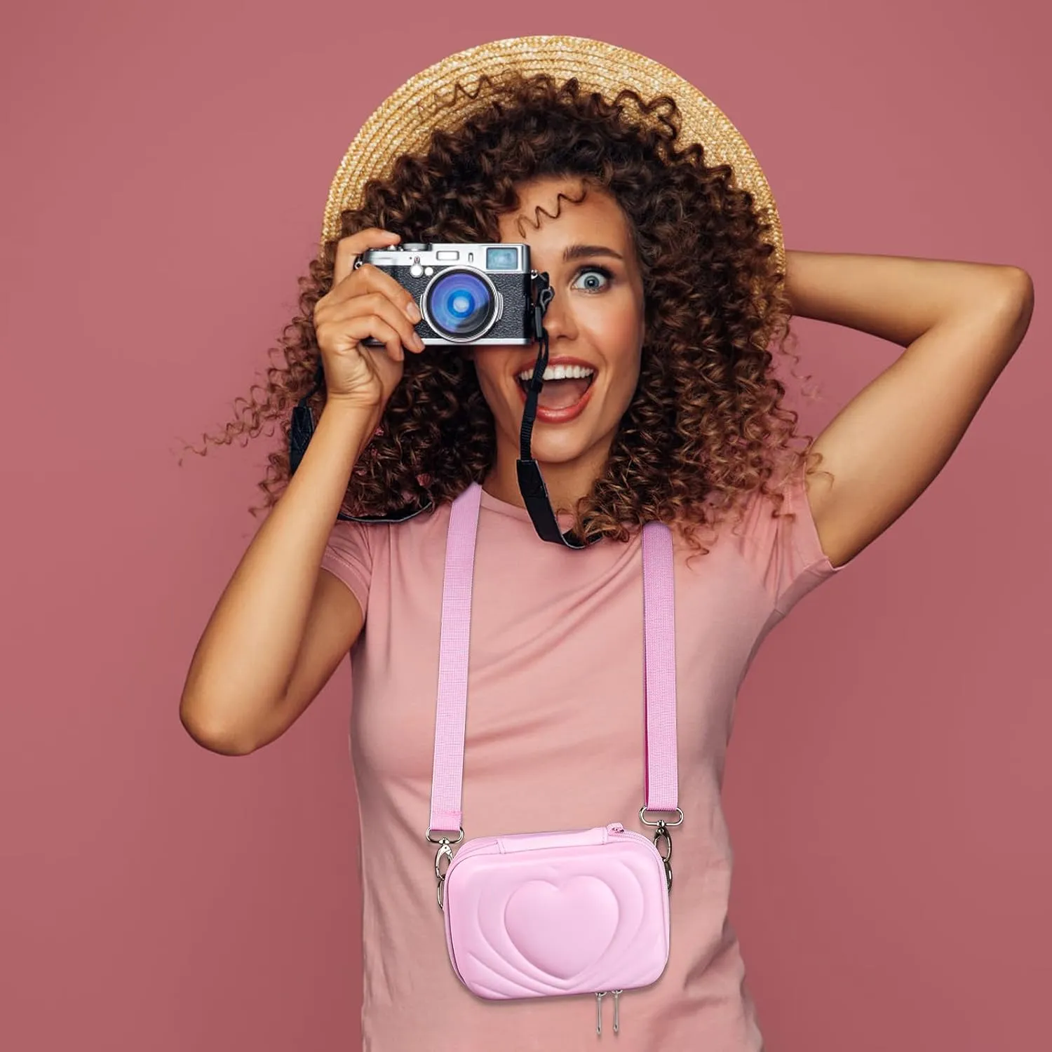 qiaofei Digital Camera Case Compatible with Instax Mini 12/11, CAMKORY/Kodak PIXPRO FZ45-BK/IWEUKJLO/Nsoela - 6.6x4.3x3.2 Inch Compact Protective Pouch with SD Card Slot (Cute Design for Travel)
