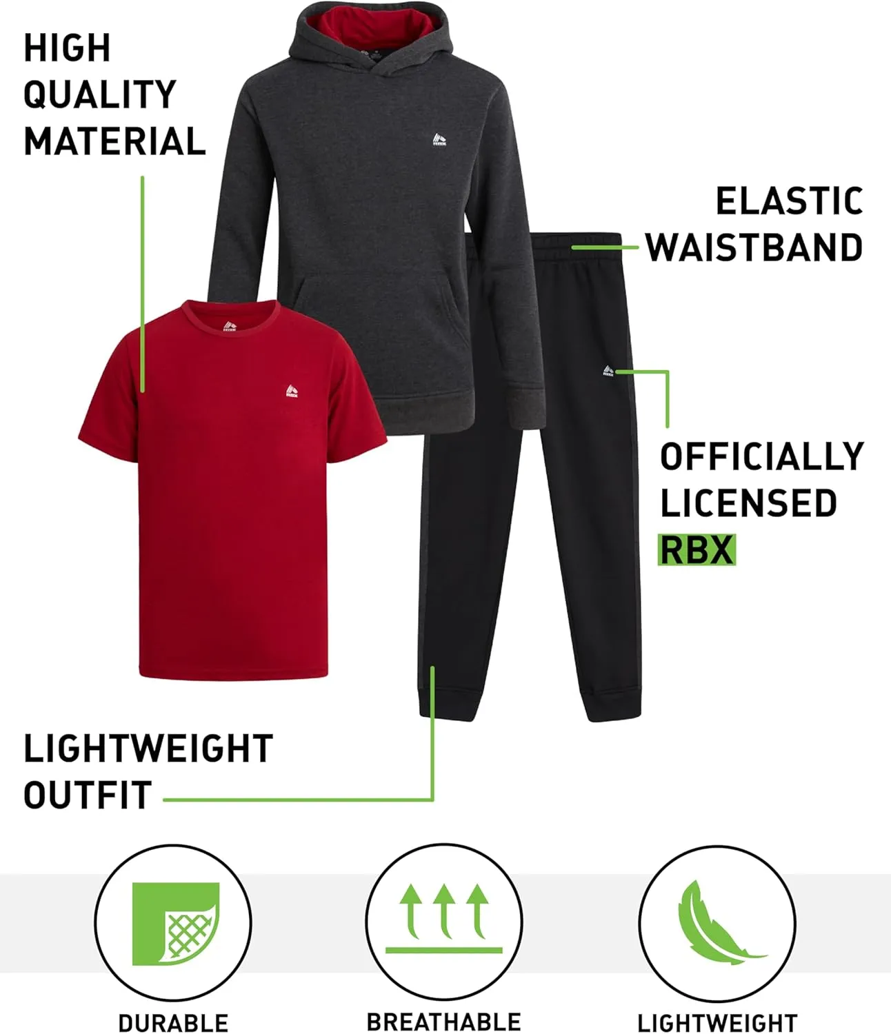 RBX Boys' Active Jogger Set - 3 Piece Performance Fleece Sweatshirt, Jogger Sweatpants, T-Shirt - Activewear for Boys (2T-12)