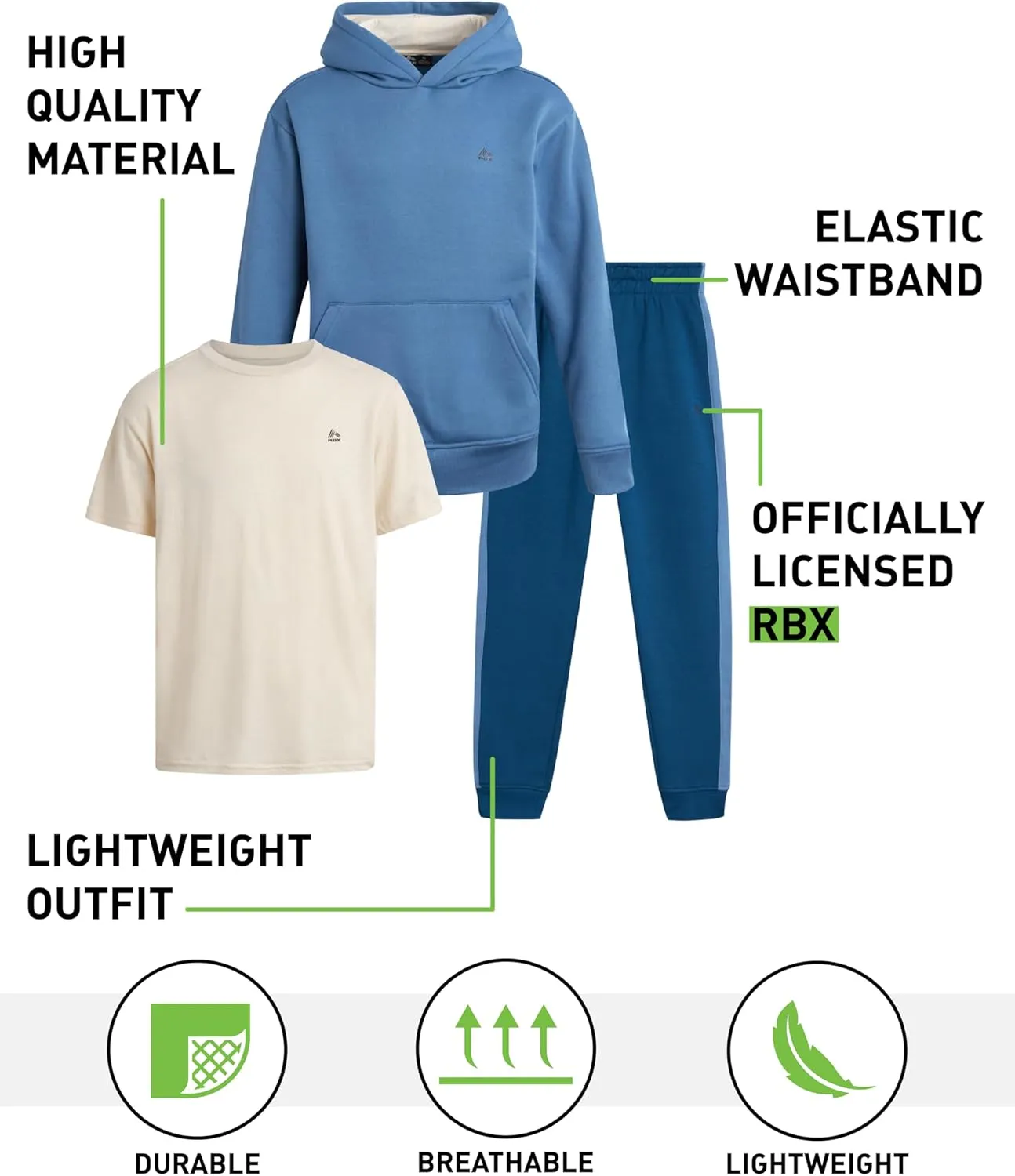 RBX Boys' Active Jogger Set - 3 Piece Performance Fleece Sweatshirt, Jogger Sweatpants, T-Shirt - Activewear for Boys (2T-12)