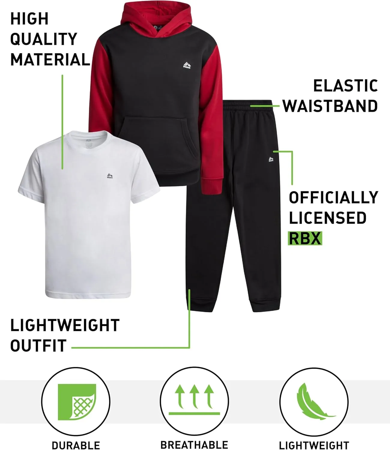 RBX Boys' Active Jogger Set - 3 Piece Performance Fleece Sweatshirt, Jogger Sweatpants, T-Shirt - Activewear for Boys (2T-12)