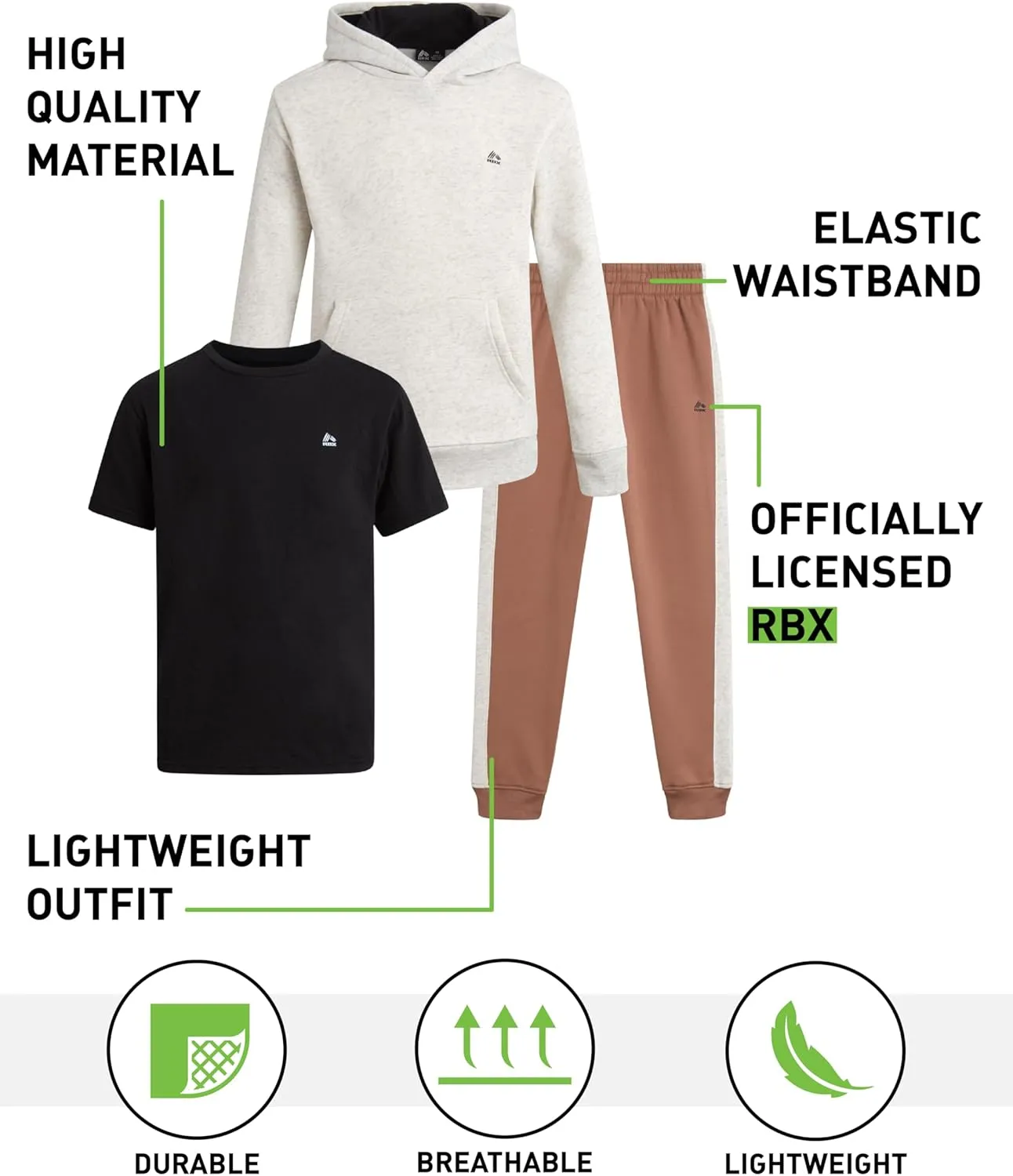 RBX Boys' Active Jogger Set - 3 Piece Performance Fleece Sweatshirt, Jogger Sweatpants, T-Shirt - Activewear for Boys (2T-12)
