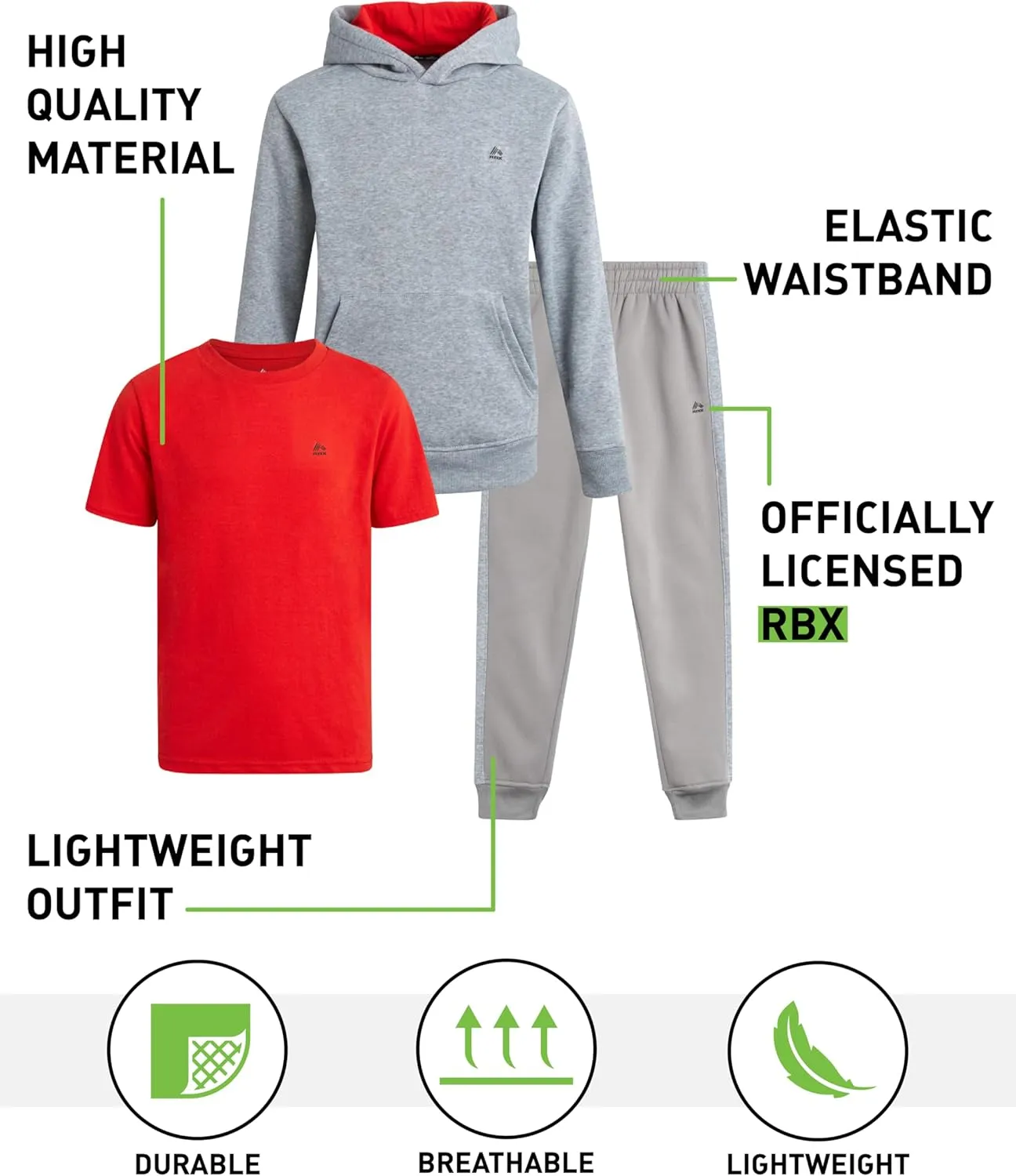 RBX Boys' Active Jogger Set - 3 Piece Performance Fleece Sweatshirt, Jogger Sweatpants, T-Shirt - Activewear for Boys (2T-12)