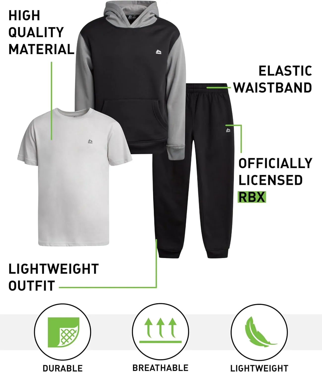 RBX Boys' Active Jogger Set - 3 Piece Performance Fleece Sweatshirt, Jogger Sweatpants, T-Shirt - Activewear for Boys (2T-12)