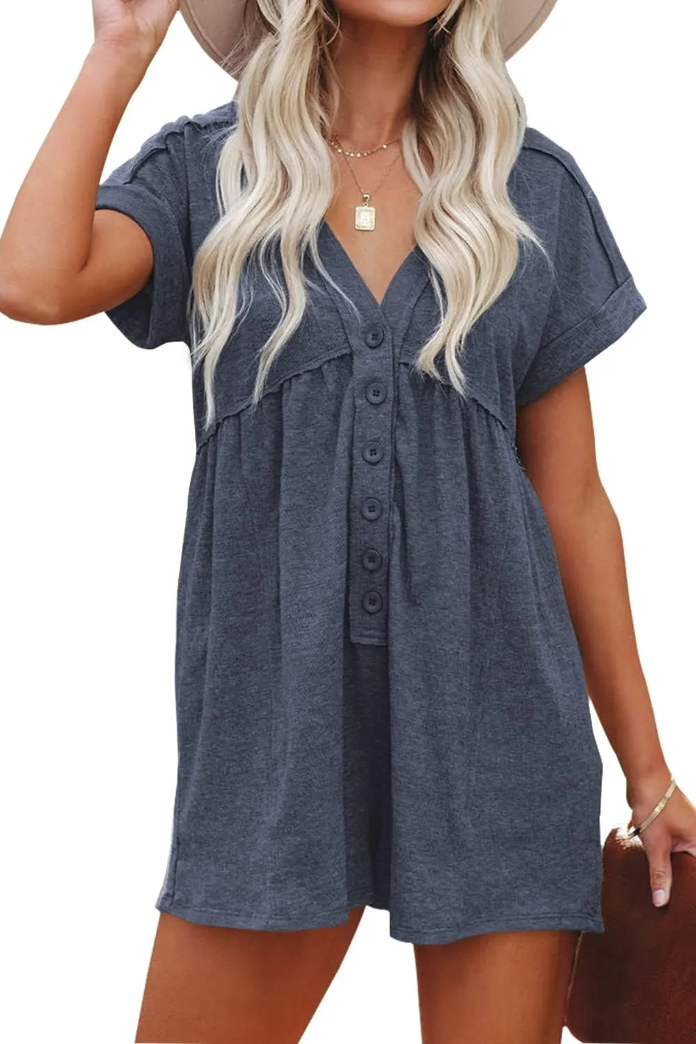 ReachMe Jumpsuits for Women Dressy Short Sleeve Rompers with Pockets Beach Jumpsuits Apparel Wide Leg Jumpers