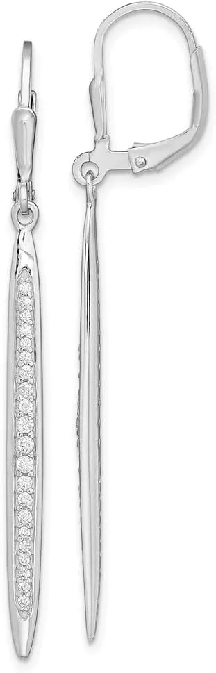 Real 925 Sterling Silver CZ Cubic Zirconia Bar Leverback Dangle Earrings - 51mm x 3mm