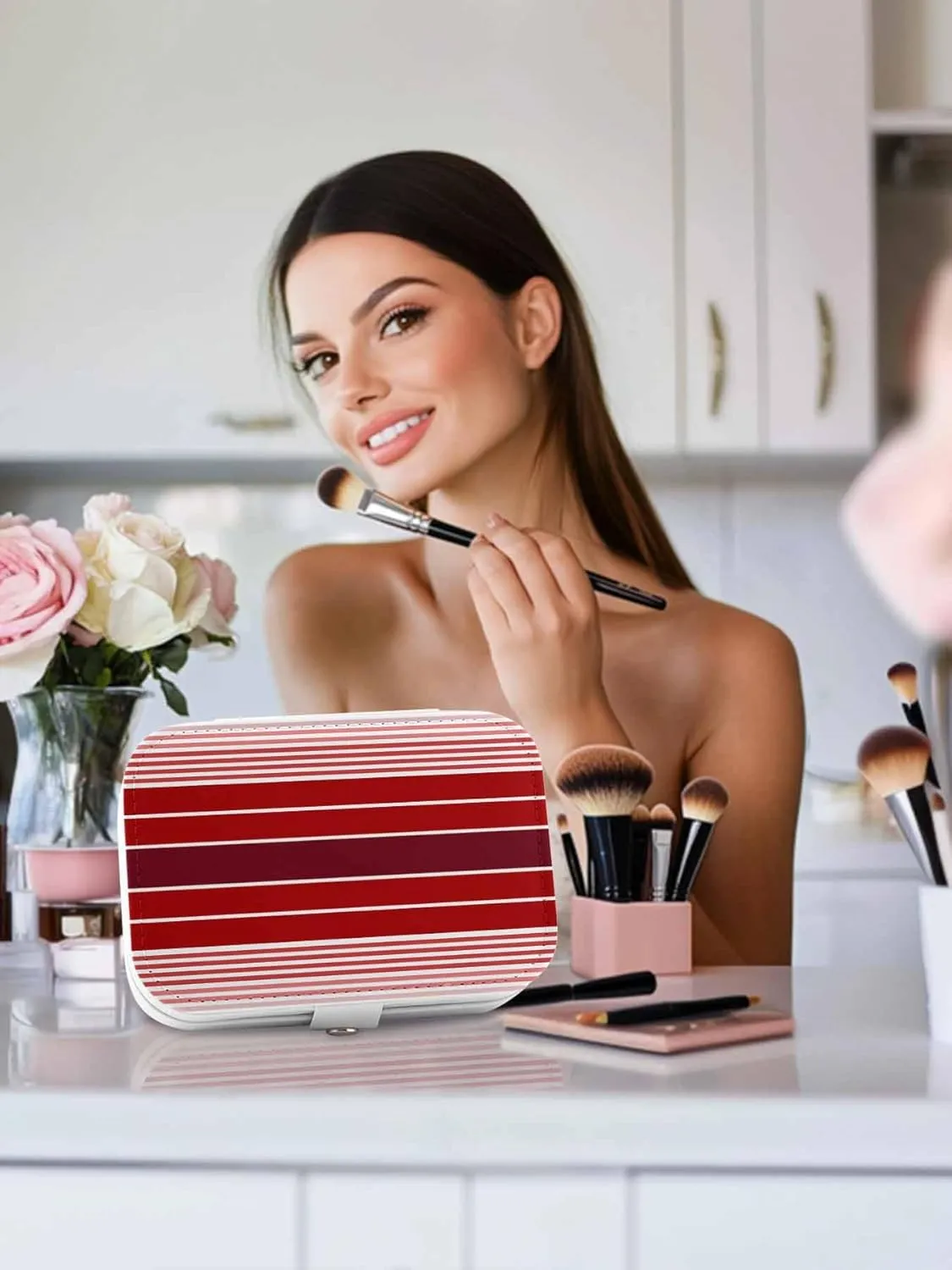 Red Striped Jewelry Organizer and Storage Box, Portable Travel Jewelry Box for Women, PU Leather Large 6.3x4.3x2 Inches, Modern Minimalist Gradient Lines Country Earring Necklace Storage Case