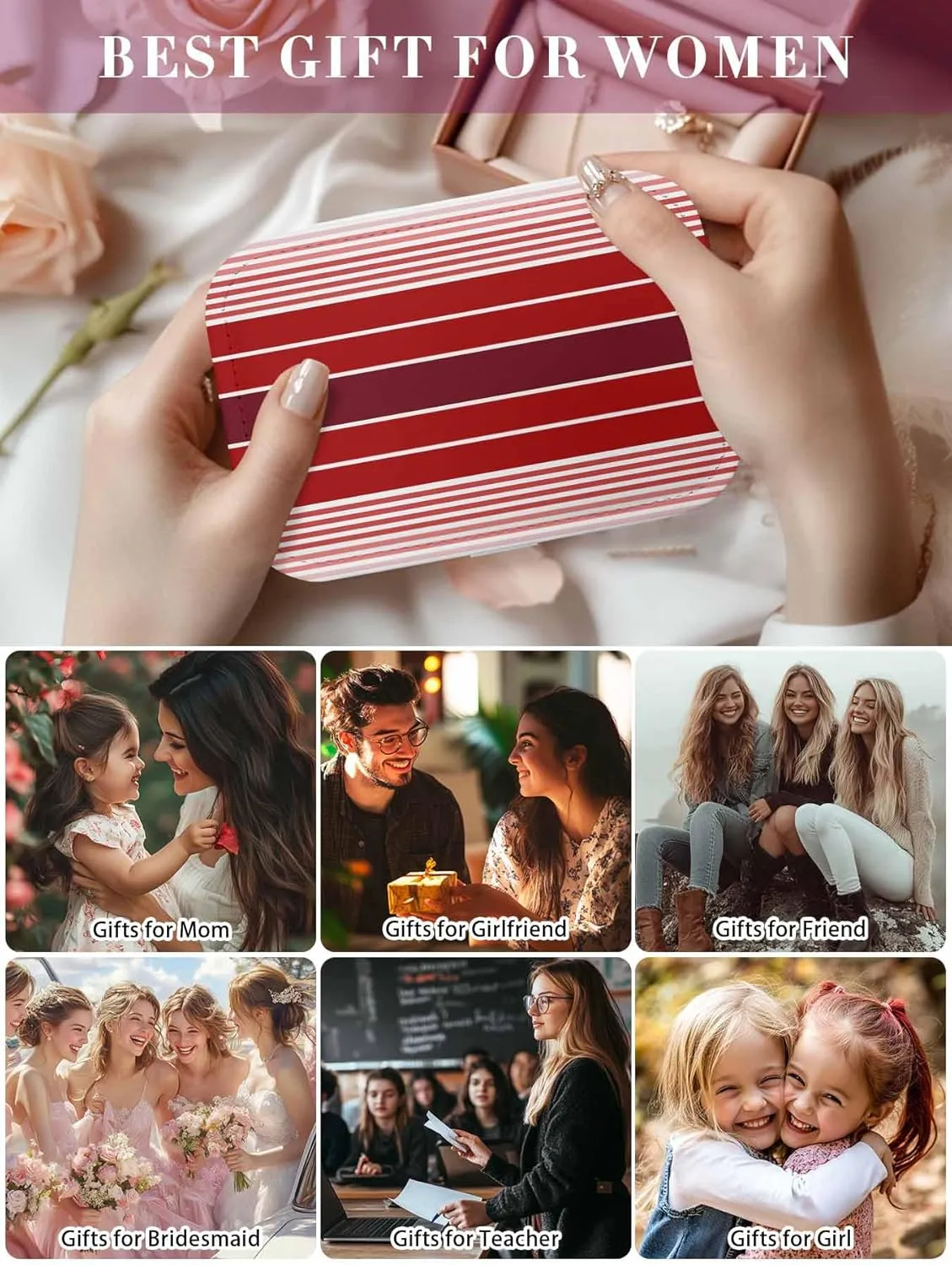 Red Striped Jewelry Organizer and Storage Box, Portable Travel Jewelry Box for Women, PU Leather Large 6.3x4.3x2 Inches, Modern Minimalist Gradient Lines Country Earring Necklace Storage Case