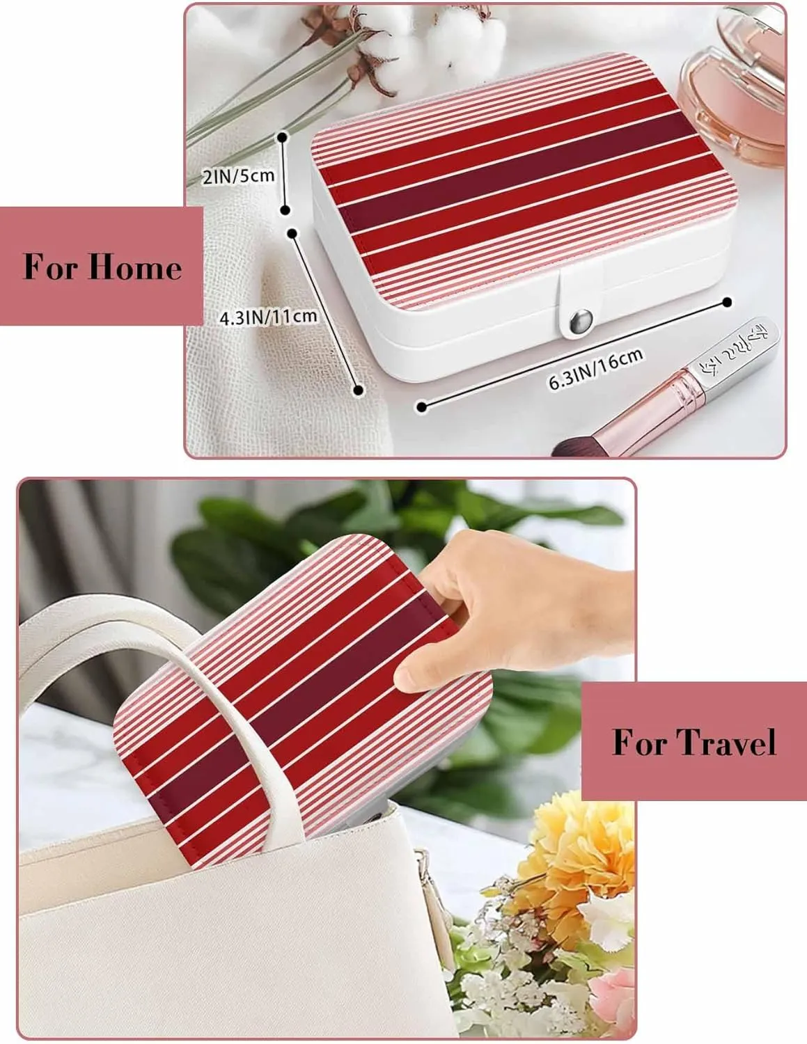 Red Striped Jewelry Organizer and Storage Box, Portable Travel Jewelry Box for Women, PU Leather Large 6.3x4.3x2 Inches, Modern Minimalist Gradient Lines Country Earring Necklace Storage Case