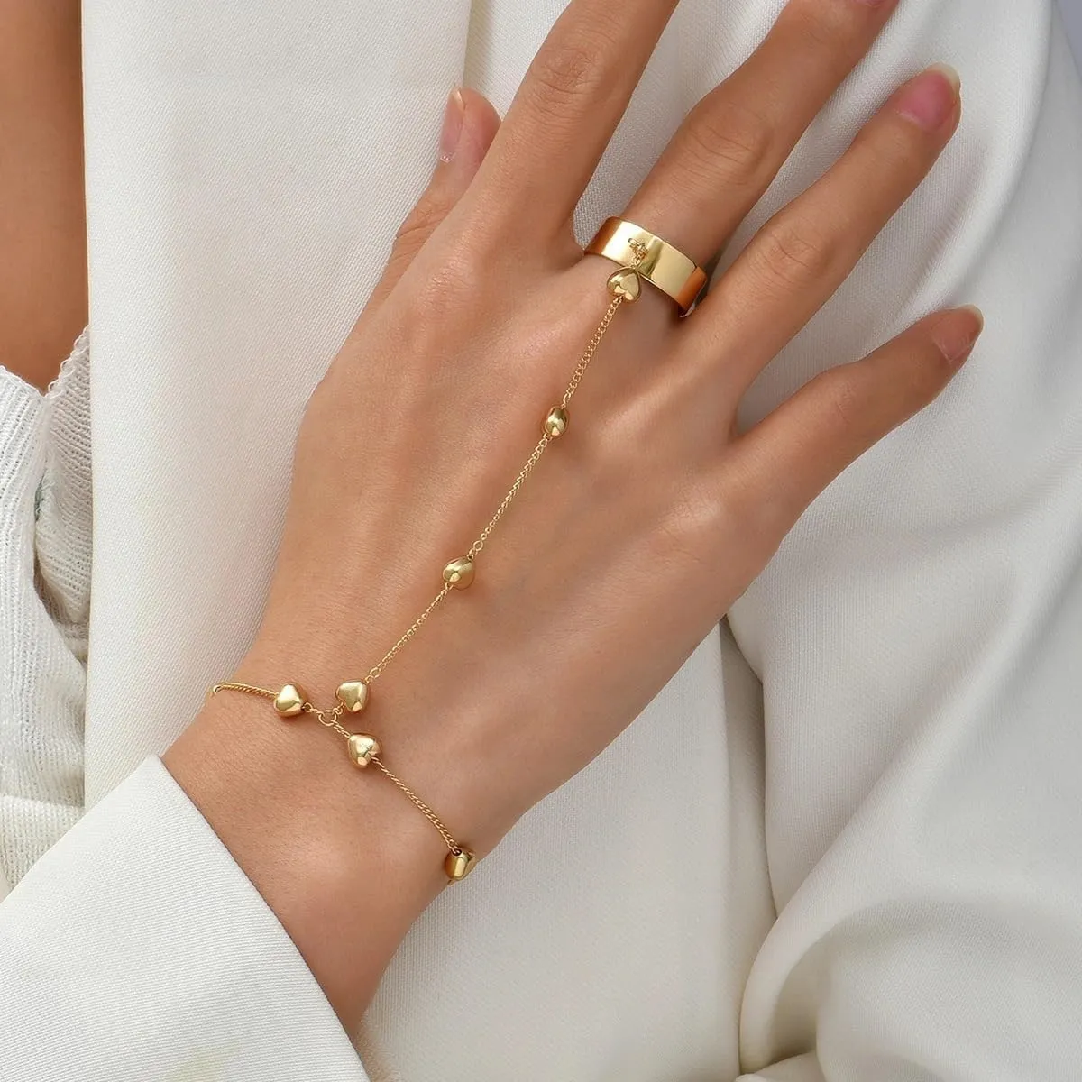 Ring Bracelet Hand Chain Bracelet Simple Dainty Gold Finger Bracelet Ring Hand Chain Slave Bracelets Boho Summer Beach Jewelry for Women