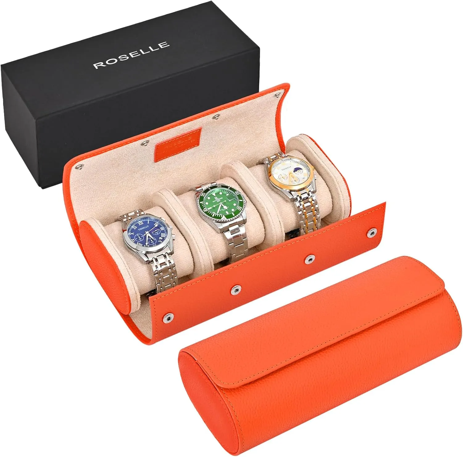 ROSELLE Genuine Leather Watch Roll Travel Case - Watch Roll Case For 3 Watches With Luxury Lining - Protect, Travel,Store and Display Fine Watches