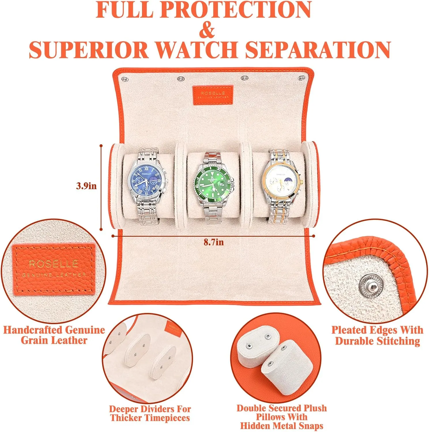 ROSELLE Genuine Leather Watch Roll Travel Case - Watch Roll Case For 3 Watches With Luxury Lining - Protect, Travel,Store and Display Fine Watches